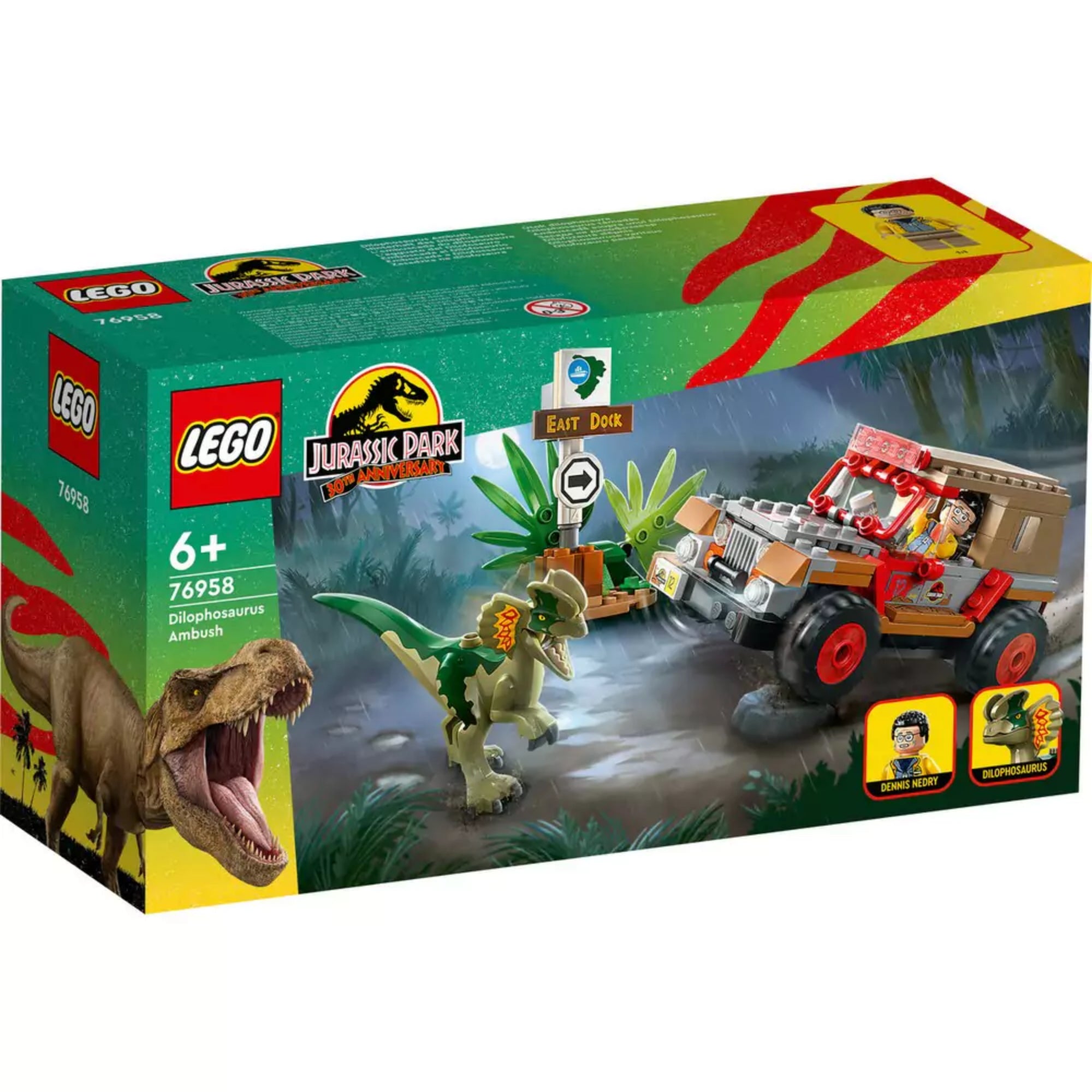 LEGO Jurassic World Dilophosaurus támadás (76958) készlet színes doboza, amelyen a jelenet sötét, esős erdei háttérrel, Dennis Nedry minifigurával, a Dilophosaurusszal és a Jurassic Park terepjáróval látható.