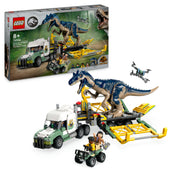 A LEGO Jurassic World: Allosaurus szállító kamion (76966) teljes készlete: a nagyméretű kamion, a sárga szállító platform, a mozgatható Allosaurus figura, egy drón és két minifigura terepjáróval.