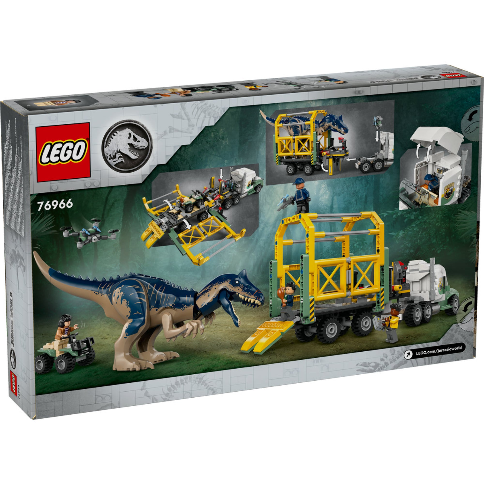 A LEGO Jurassic World: Allosaurus szállító kamion (76966) doboz hátlapja, amely a készlet funkcióit mutatja be – a mozgatható raktér, a nyitható ketrecajtó és a dinoszaurusz befogása jelenik meg.