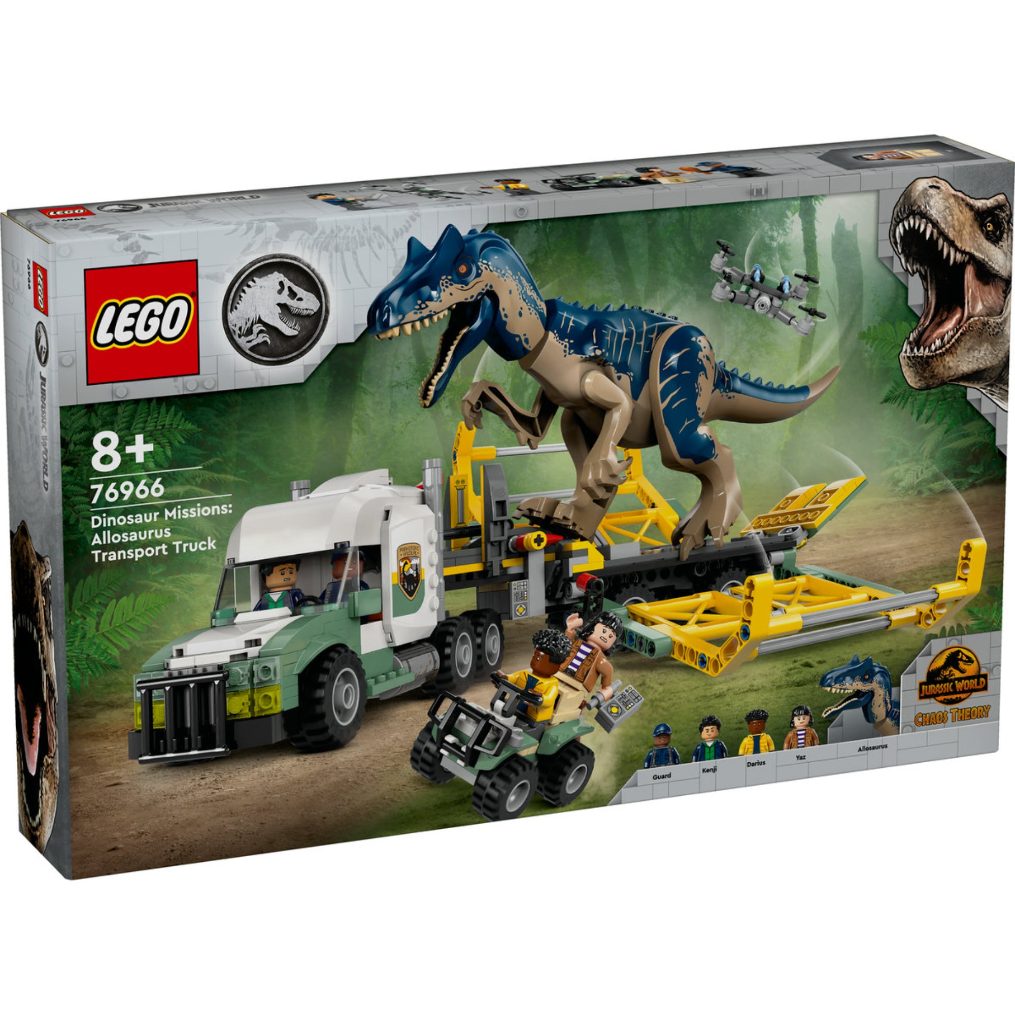 A LEGO Jurassic World: Allosaurus szállító kamion (76966) doboz előlapja, a hatalmas kék Allosaurus dinoszaurusszal, terepjáróval és drónnal, akcióban az erdős háttér előtt.