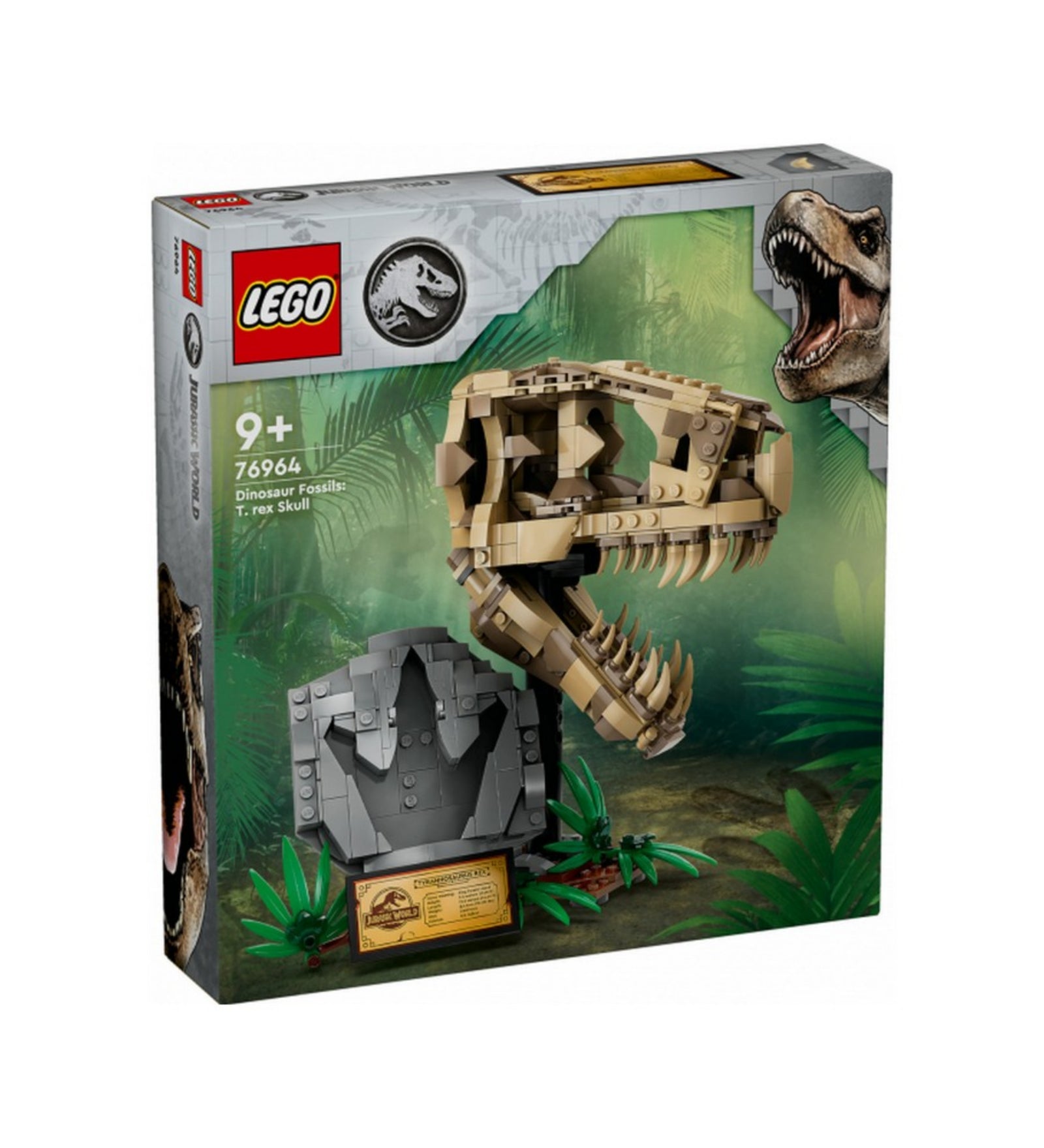 LEGO Jurassic World T. Rex koponya (76964) doboza elölnézetből – dzsungeles háttérrel, LEGO és Jurassic World logókkal, a készlet ajánlott korosztályával és a látványos, megépített koponya képével.