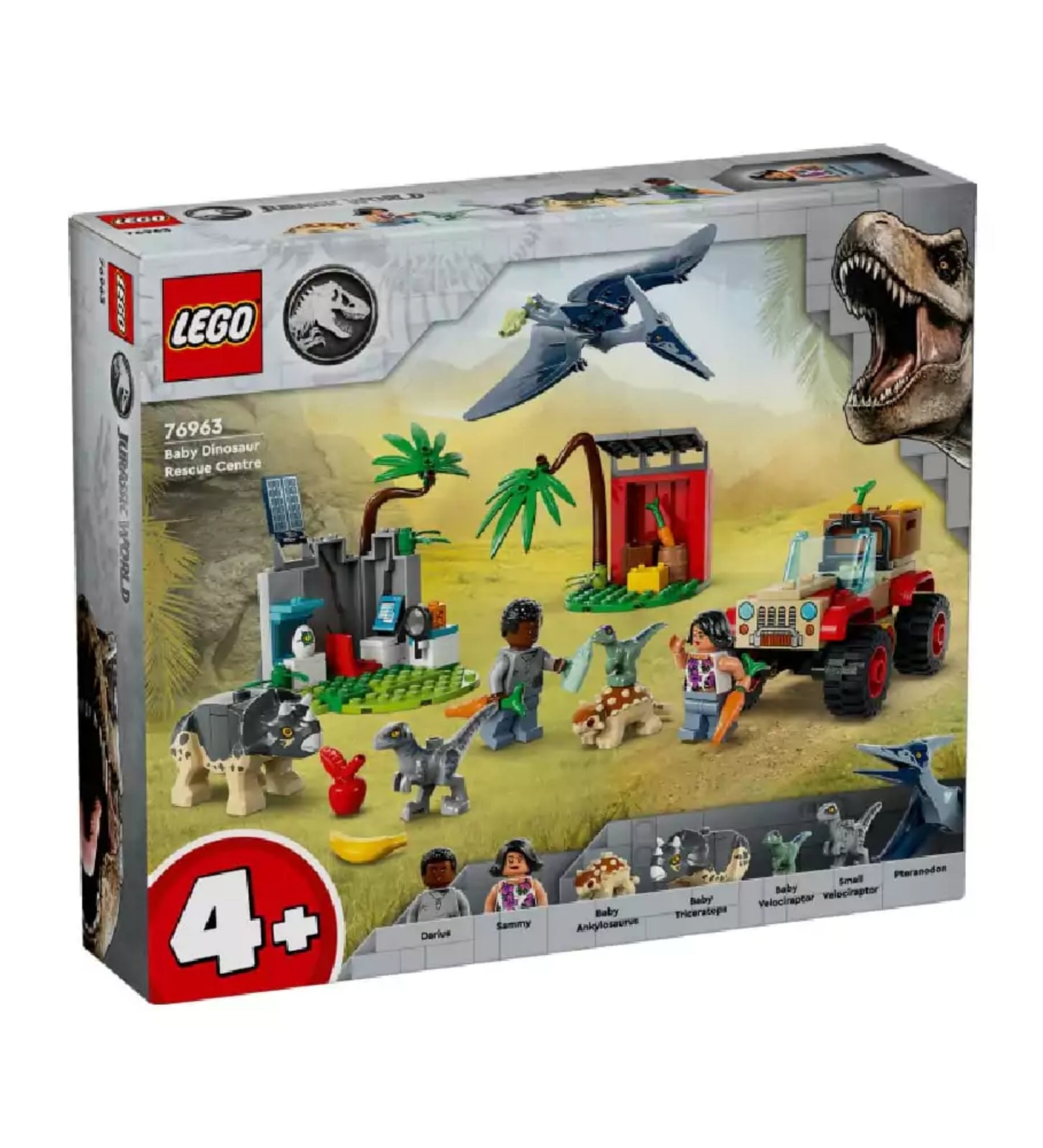 A LEGO Jurassic World Kis dinók mentőközpont (76963) készlet színes doboza, amelyen a teljes készlet elemei és karakterei láthatók, köztük a dinoszaurusz figurák, jármű és szereplők, 4+ korosztályi ajánlással.
