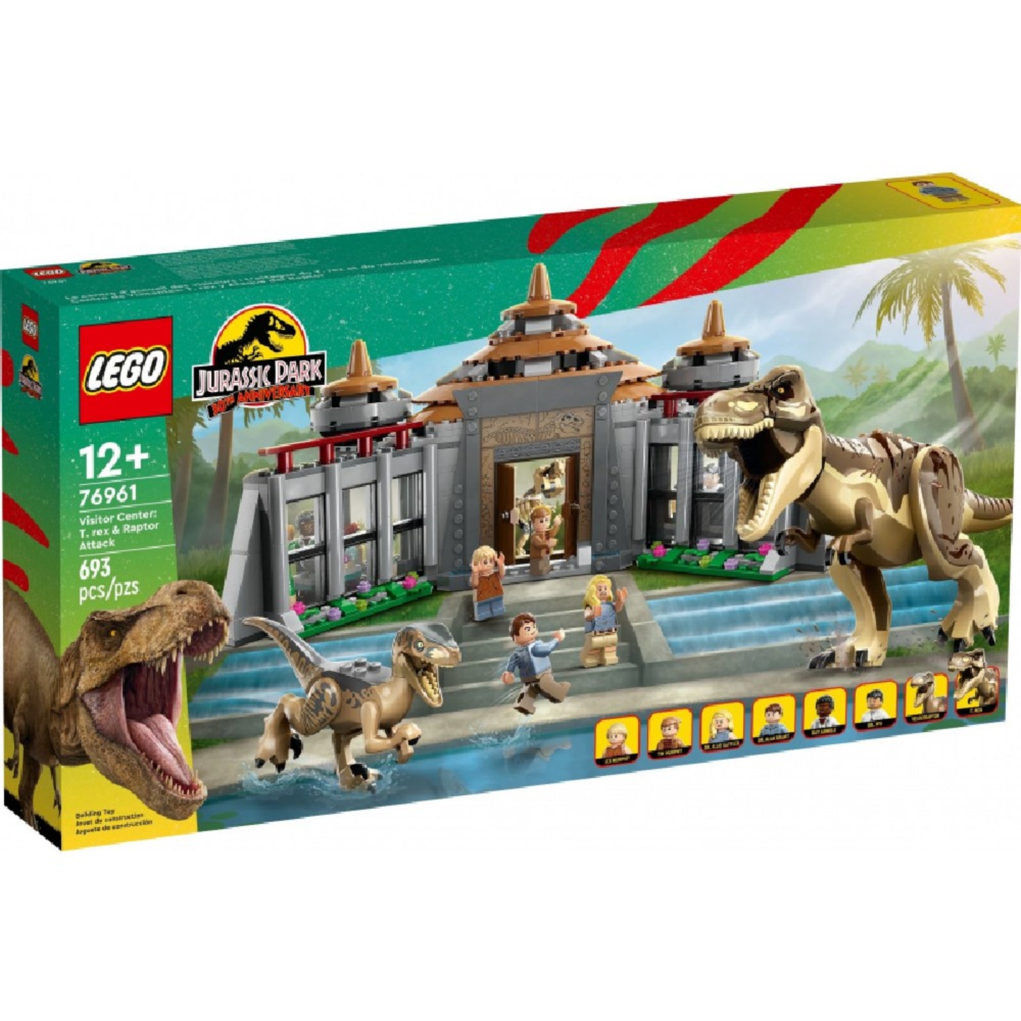 A LEGO Jurassic World 76961 készlet doboza elölnézetből, látványos grafikával, középen a T. rex támadása, a doboz bal alsó sarkában a darabszám és korosztály.
