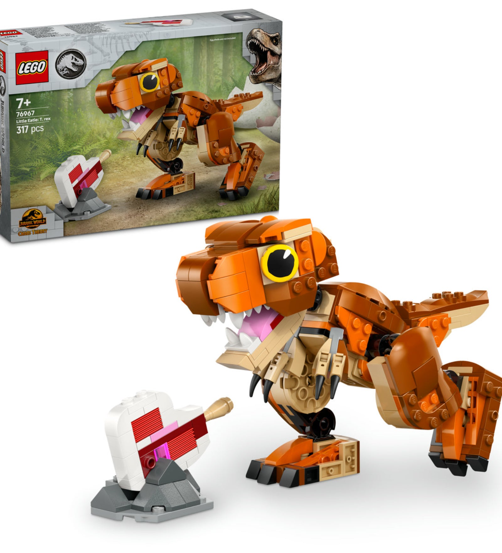 LEGO Jurassic World Little Eatie: T. rex (76967) építőkészlet, amely egy mozgatható T. rex figurát és egy interaktív etetőállomást tartalmaz, izgalmas játékhoz.