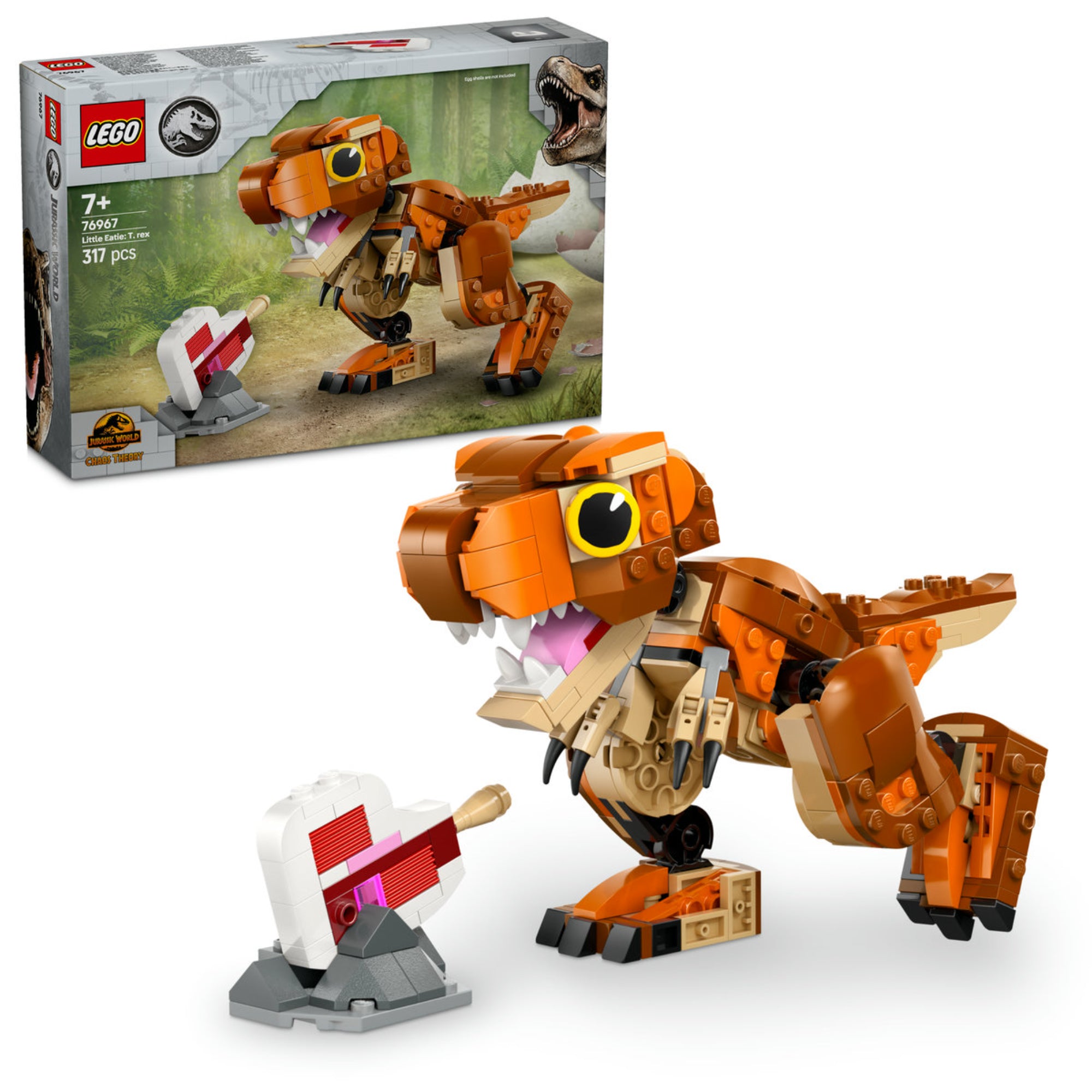 LEGO Jurassic World Little Eatie: T. rex (76967) építőkészlet, amely egy mozgatható T. rex figurát és egy interaktív etetőállomást tartalmaz, izgalmas játékhoz.