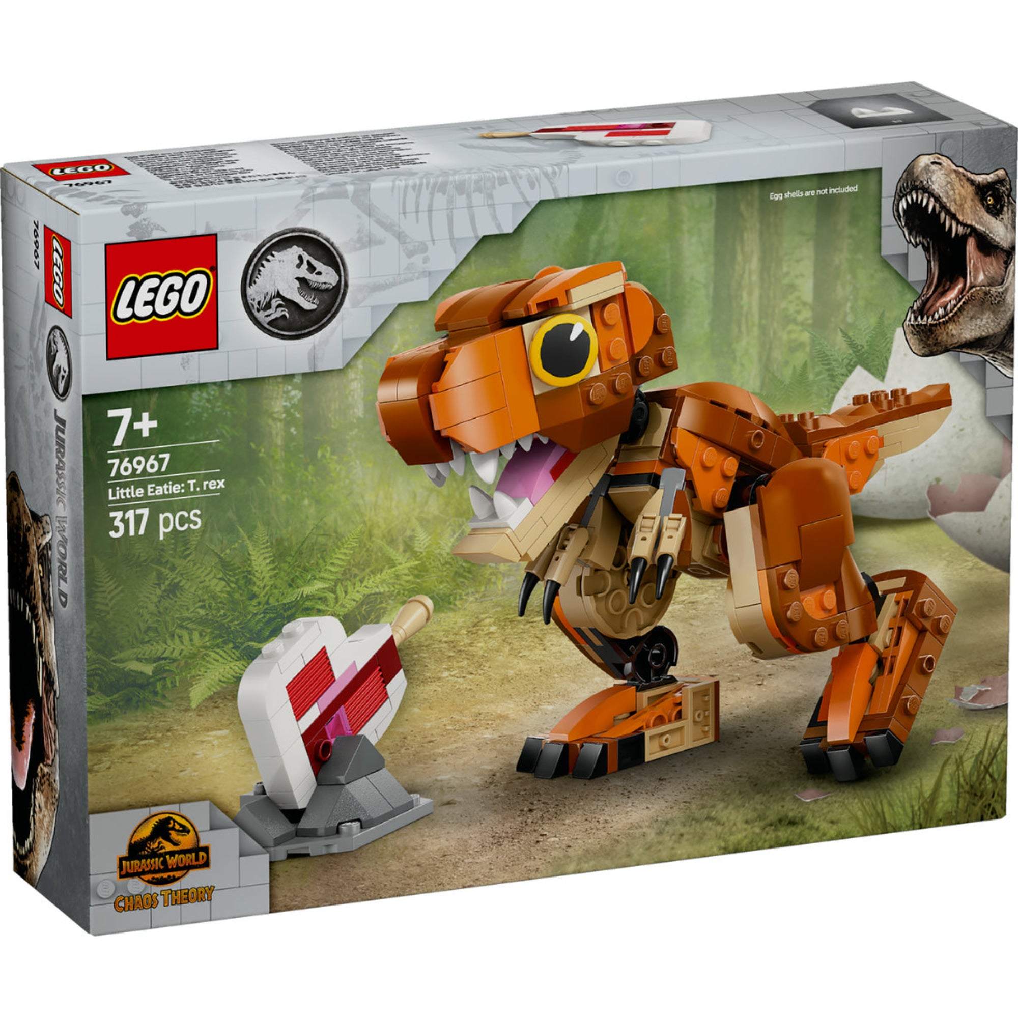LEGO Jurassic World Little Eatie: T. rex (76967) doboza, amely egy építhető, mozgatható T. rex figurát ábrázol. A készlet 317 darabból áll, és egy húsos csontot is tartalmaz.