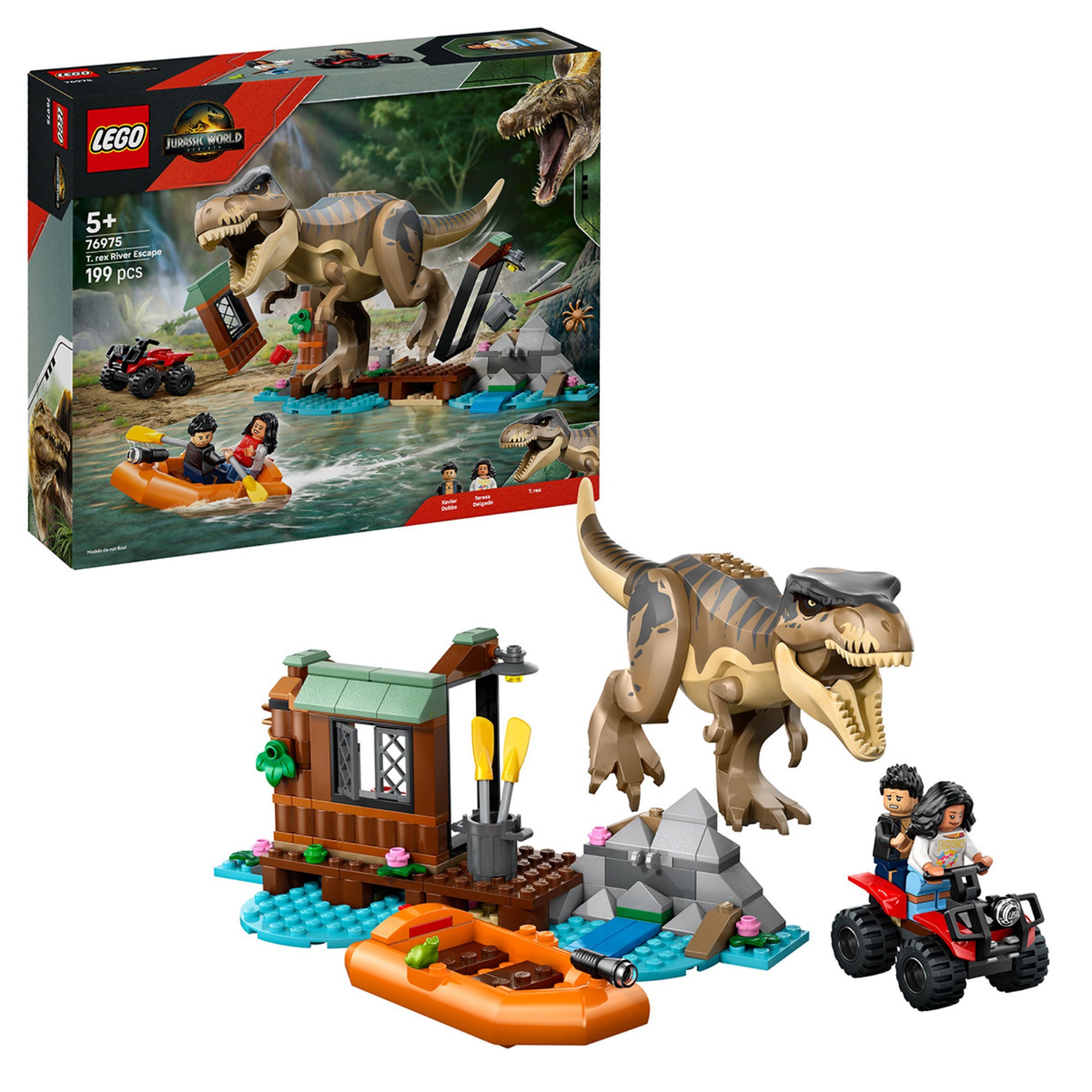 A LEGO Jurassic World T. rex River Escape (76975) doboza és a teljes készlet együtt – T. rex figura, menedékház, gumicsónak, quad és minifigurák a dzsungel közepén.