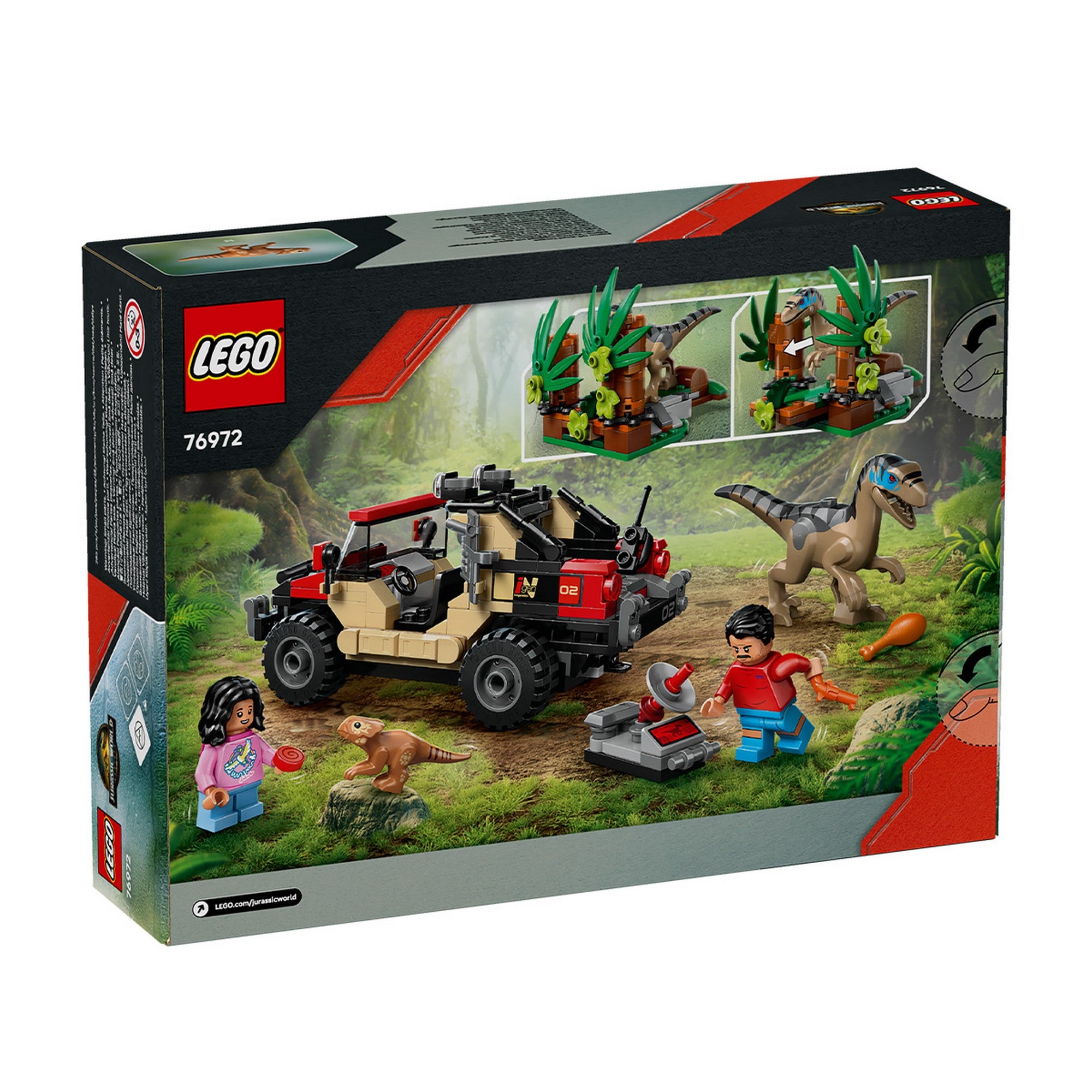„LEGO Jurassic World – Raptor Off-Road Escape (76972) doboz hátoldala: terepjáró, raptor és minifigurák a dzsungelben, valamint a raptor rejtekhely mozgatható funkciói.”