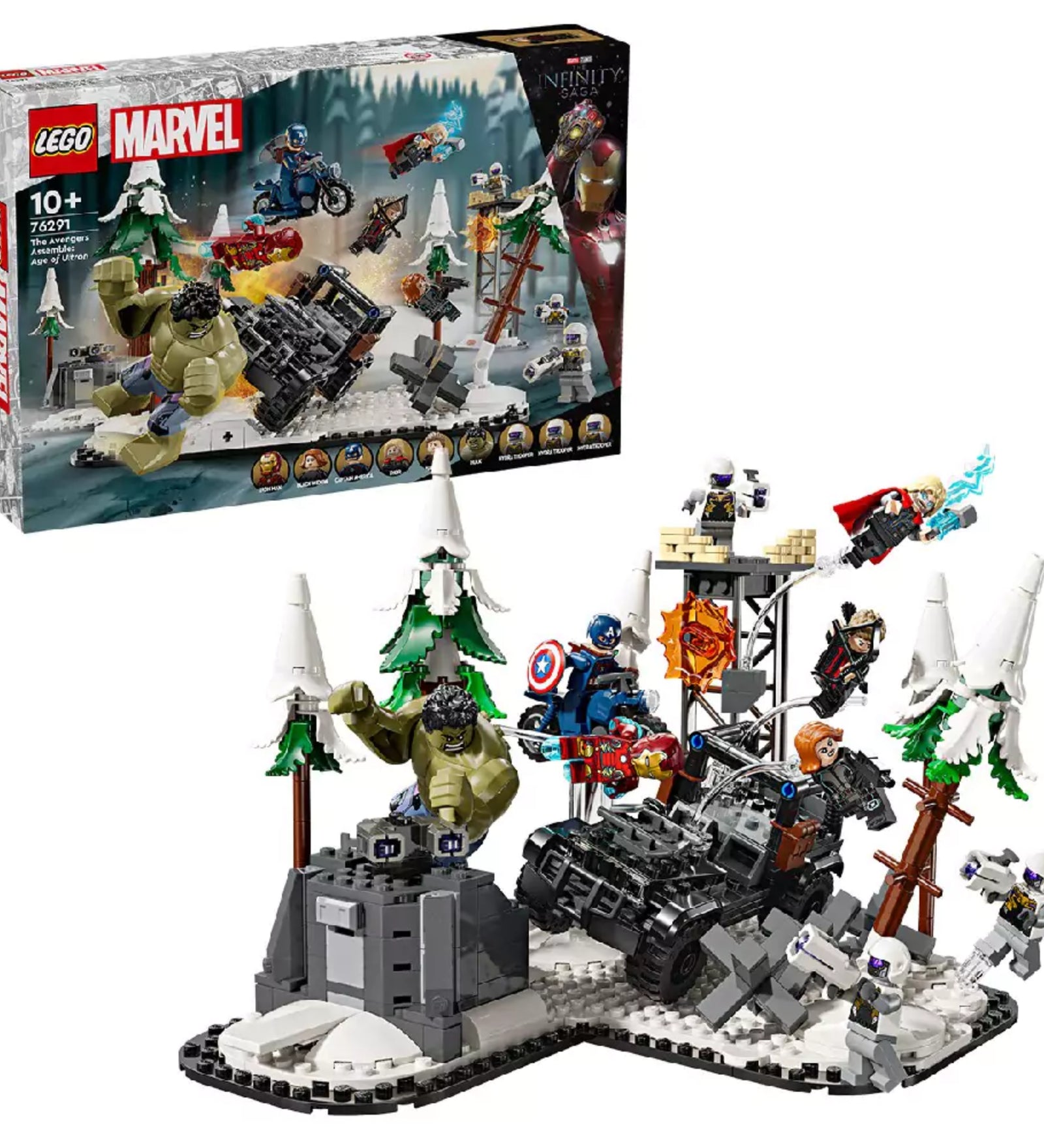 A LEGO Marvel A Bosszúállók csapata: Ultron kora (76291) doboza és a teljes, összeállított készlet havas erdei csatajelenettel, Hulk, Vasember, Amerika Kapitány, Fekete Özvegy, Thor, Sólyomszem és Hydra katonák minifiguráival.