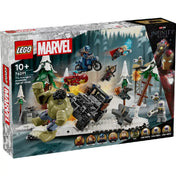 A LEGO Marvel A Bosszúállók csapata: Ultron kora (76291) készlet elülső doboznézete, a karakterek képeivel alul, látványos csatajelenettel a havas erdőben.