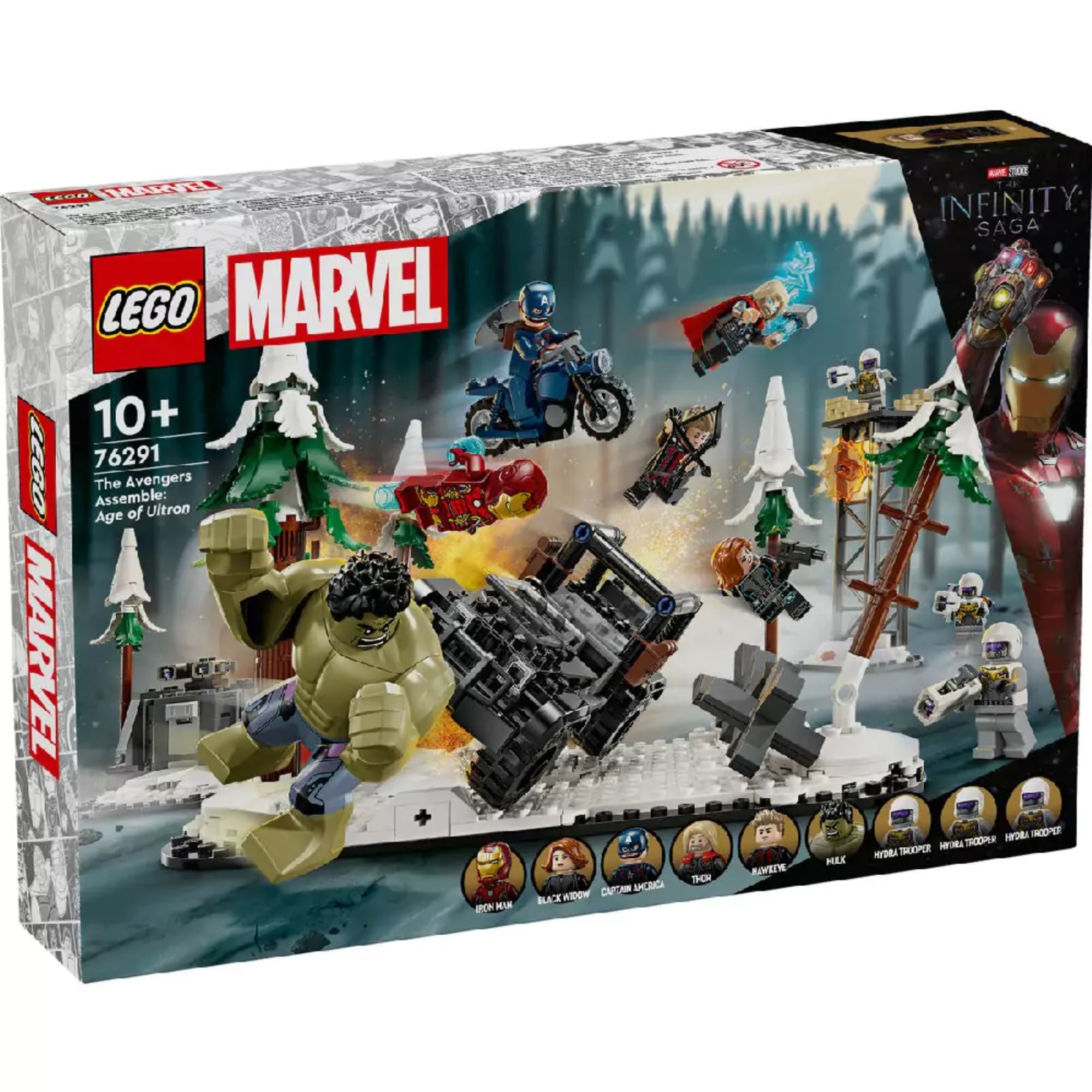 A LEGO Marvel A Bosszúállók csapata: Ultron kora (76291) készlet elülső doboznézete, a karakterek képeivel alul, látványos csatajelenettel a havas erdőben.
