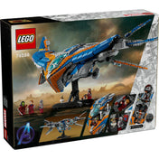 A LEGO Marvel Milano (76286) készlet dobozának hátoldala, bemutatva a nyitható pilótafülkét, a részletes belső teret és a mozgatható elemeket.