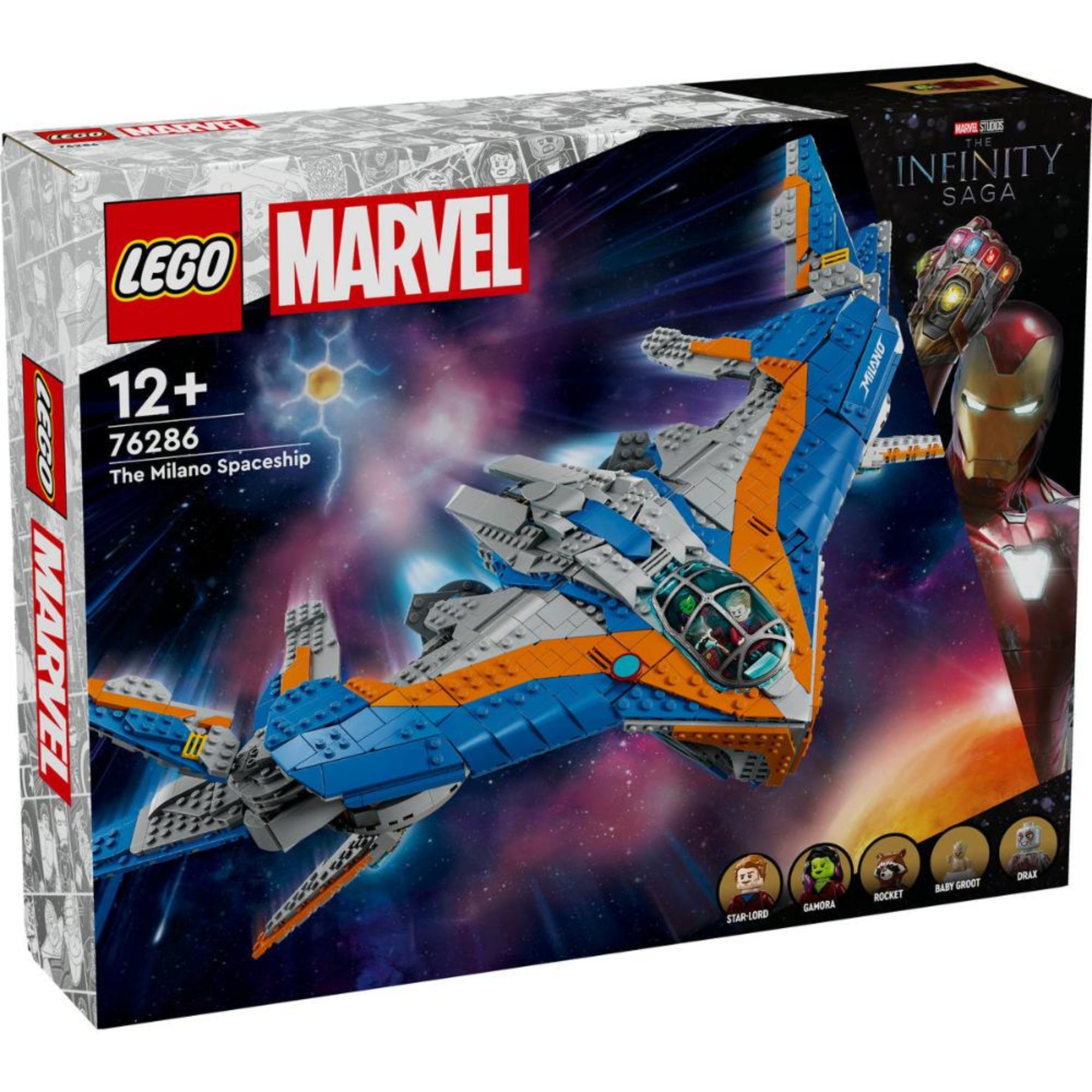 A LEGO Marvel A galaxis őrzői – Milano (76286) doboza elölnézetből, rajta az űrhajó akcióban, a Marvel Studios logóval és a fő minifigurákkal az alsó részen.