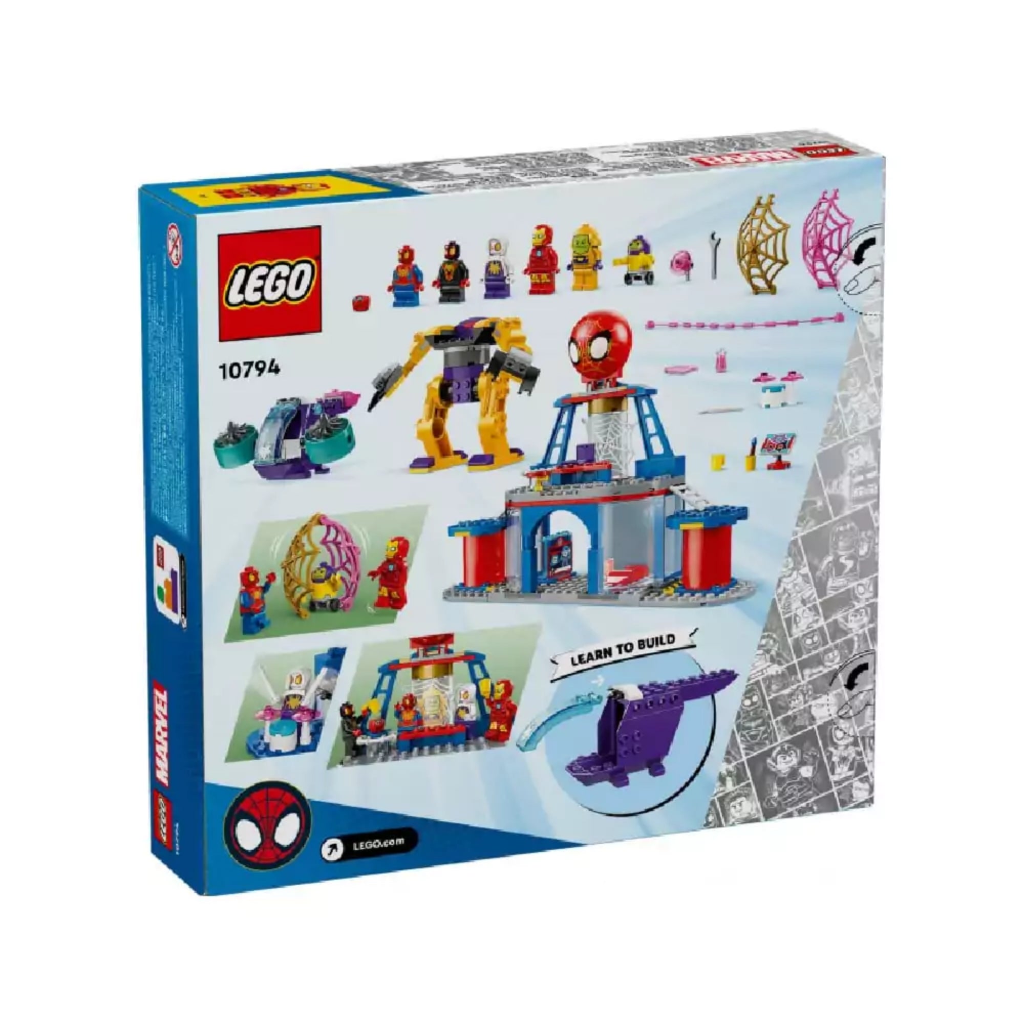 A LEGO Marvel 10794-es készlet dobozának hátoldala; különálló építőelemek, járművek, szereplők és jelenetek bemutatása, köztük a hálóvető torony, robotfigura és lebegő jármű; a „Learn to Build” (tanulj meg építeni) felirat is látható.