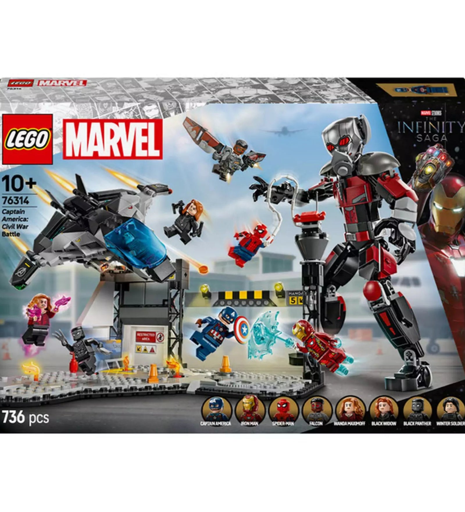 LEGO Marvel Amerika Kapitány: Polgárháború csatajelenet szett doboza, amely 736 építőelemet tartalmaz és ikonikus jeleneteket ábrázol a Marvel univerzumból.