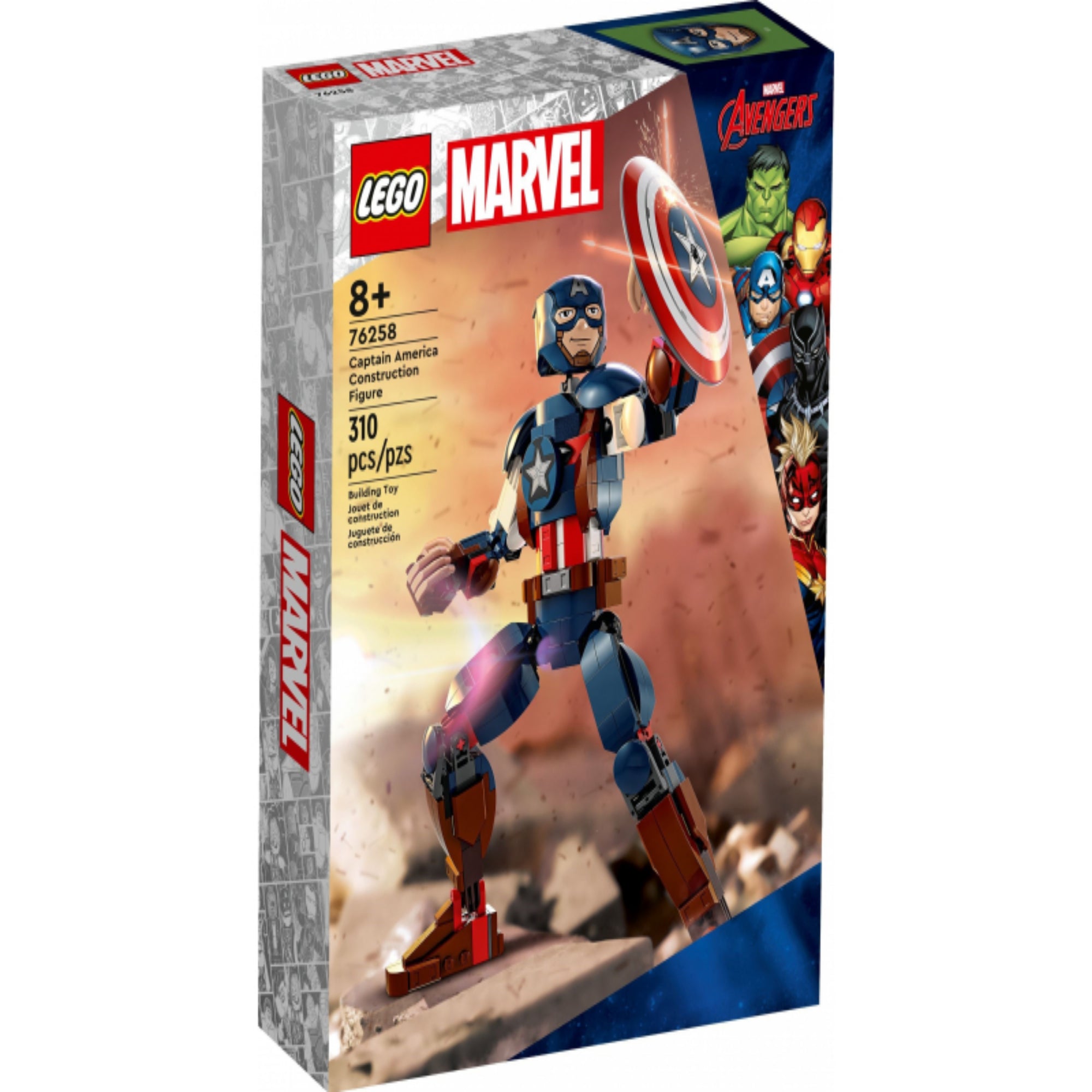 A LEGO Marvel Amerika Kapitány építőfigura (76258) doboza, amelyen a 310 elemből álló, pózolható figura dinamikus akcióhelyzetben látható, ikonikus piros-fehér-kék pajzzsal és részletgazdag kivitelezéssel, 8 éves kortól ajánlva.