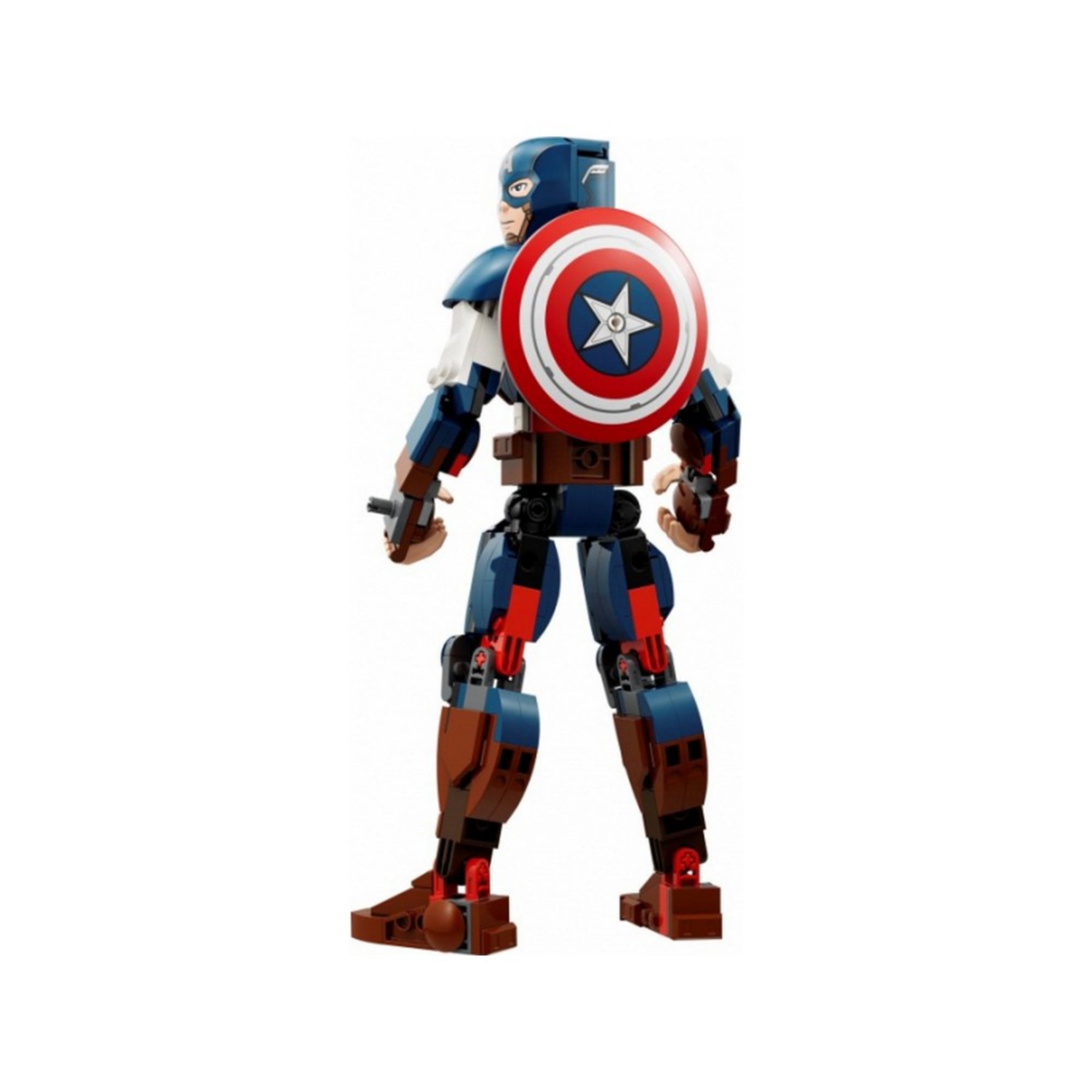 A LEGO Marvel Amerika Kapitány építőfigura hátulnézeti képe, amelyen jól látható a jellegzetes piros-fehér-kék pajzs a hátára rögzítve, a figura mozgatható végtagokkal és részletes díszítéssel készült.