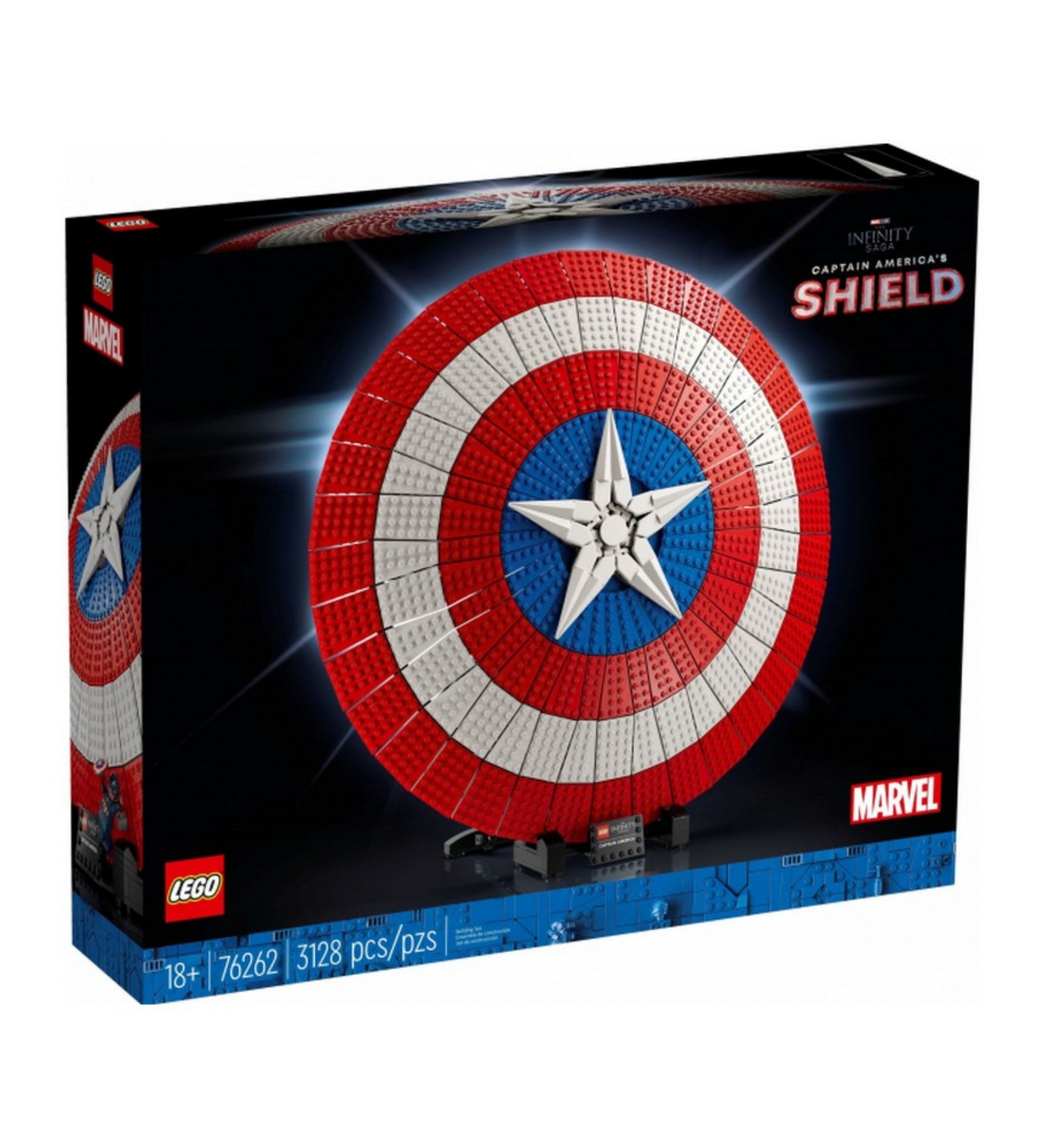 A LEGO Marvel Amerika Kapitány pajzsa (76262) szett díszdoboza elölről, sötét háttérrel, a pajzs látványos képe dominál, alul a darabszámmal és ajánlott korosztállyal