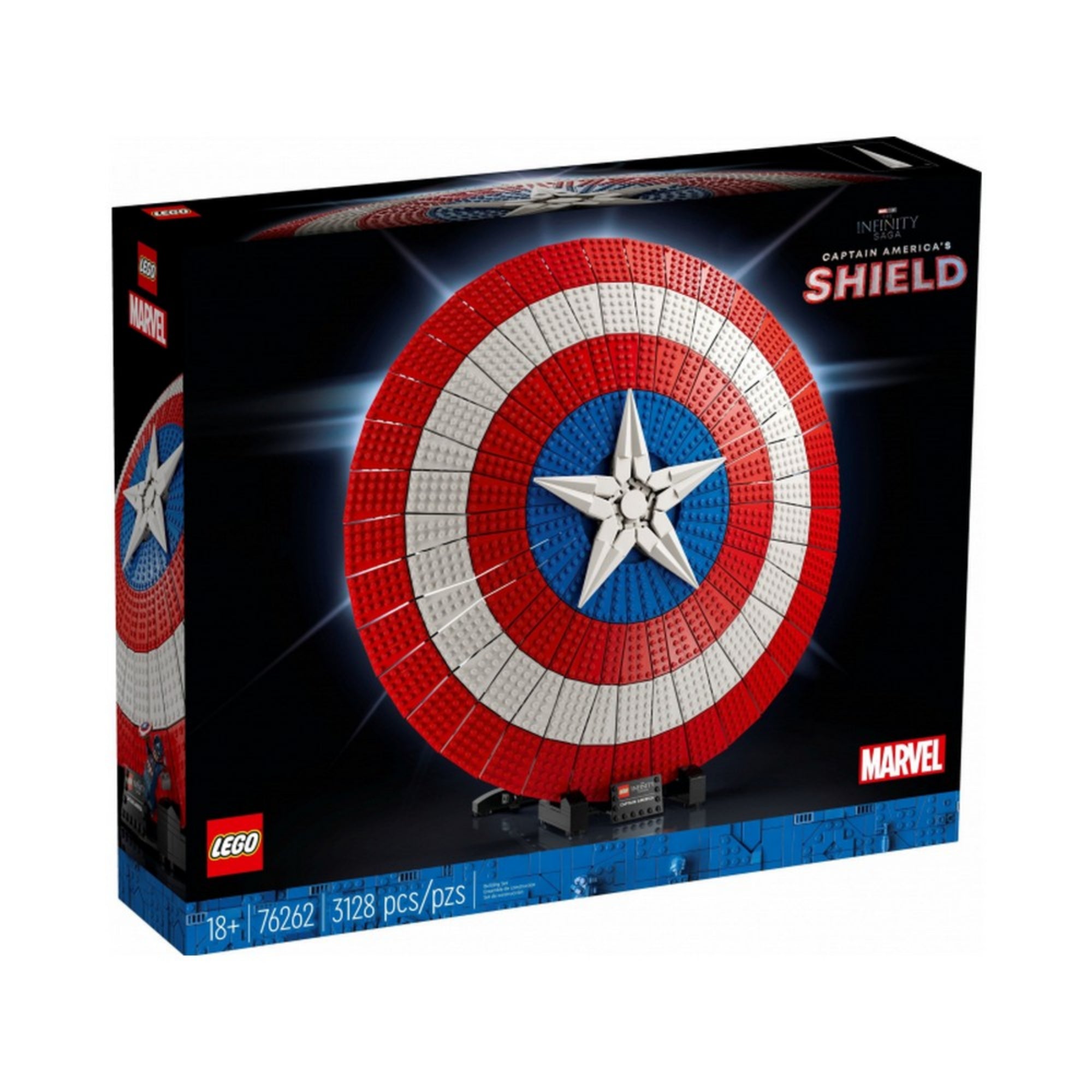 A LEGO Marvel Amerika Kapitány pajzsa (76262) szett díszdoboza elölről, sötét háttérrel, a pajzs látványos képe dominál, alul a darabszámmal és ajánlott korosztállyal