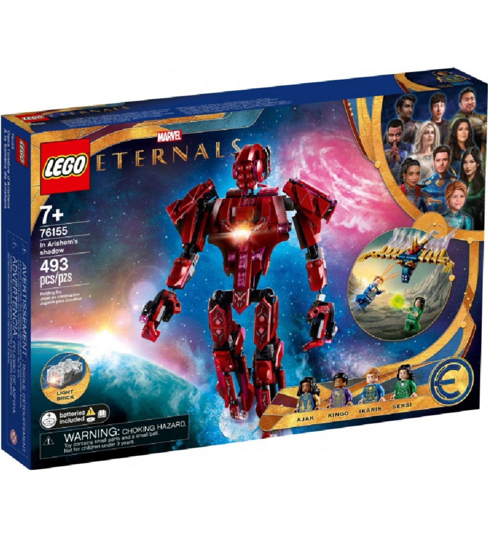 A LEGO Marvel 76155 szett dobozának előlapja, amelyen látványosan megjelenik Arishem az űr háttér előtt, alatta négy minifigura és egy Deviáns, a doboz jobb felső sarkában a LEGO és Marvel logókkal.