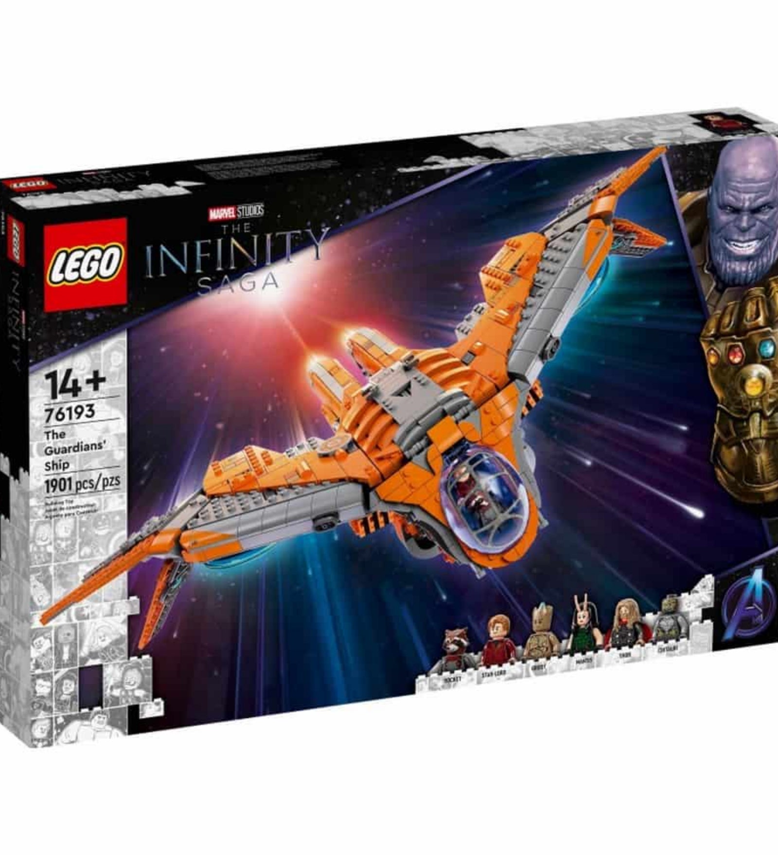 A LEGO Marvel Az Őrzők hajója (76193) szett dobozának elölnézeti képe, zöld LEGO Marvel logóval, az űrhajóval az űrben, valamint a hat mellékelt minifigurával, a 14+ korosztályi ajánlással és a 1901 darabos jelzéssel.