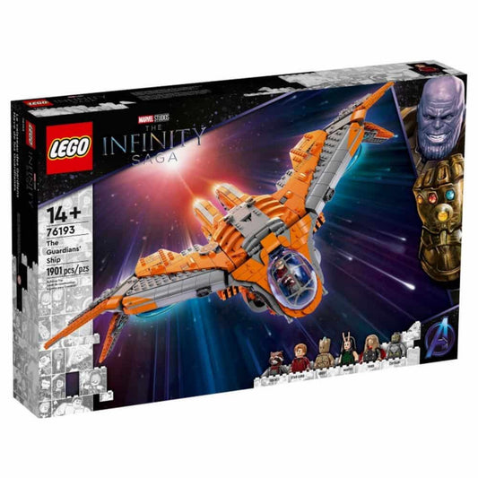 A LEGO Marvel Az Őrzők hajója (76193) szett dobozának elölnézeti képe, zöld LEGO Marvel logóval, az űrhajóval az űrben, valamint a hat mellékelt minifigurával, a 14+ korosztályi ajánlással és a 1901 darabos jelzéssel.