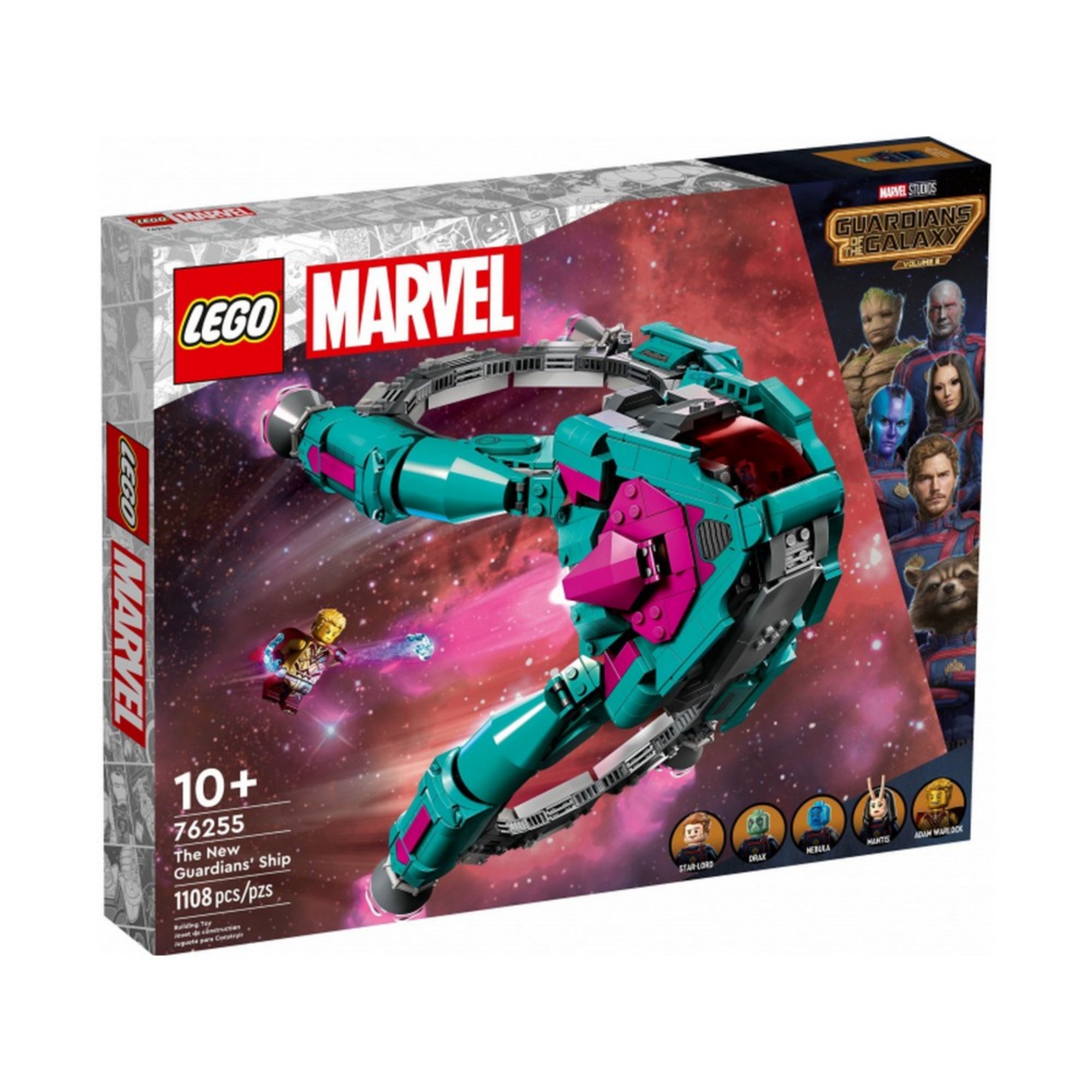 A LEGO Marvel Az új Őrzők hajója (76255) doboza, melyen az űrhajó repülés közben látható, a háttérben csillagokkal és akciójelenettel.