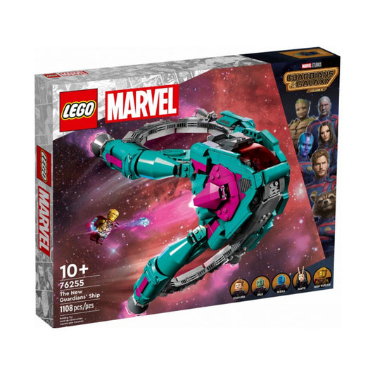 A LEGO Marvel Az új Őrzők hajója (76255) doboza, melyen az űrhajó repülés közben látható, a háttérben csillagokkal és akciójelenettel.