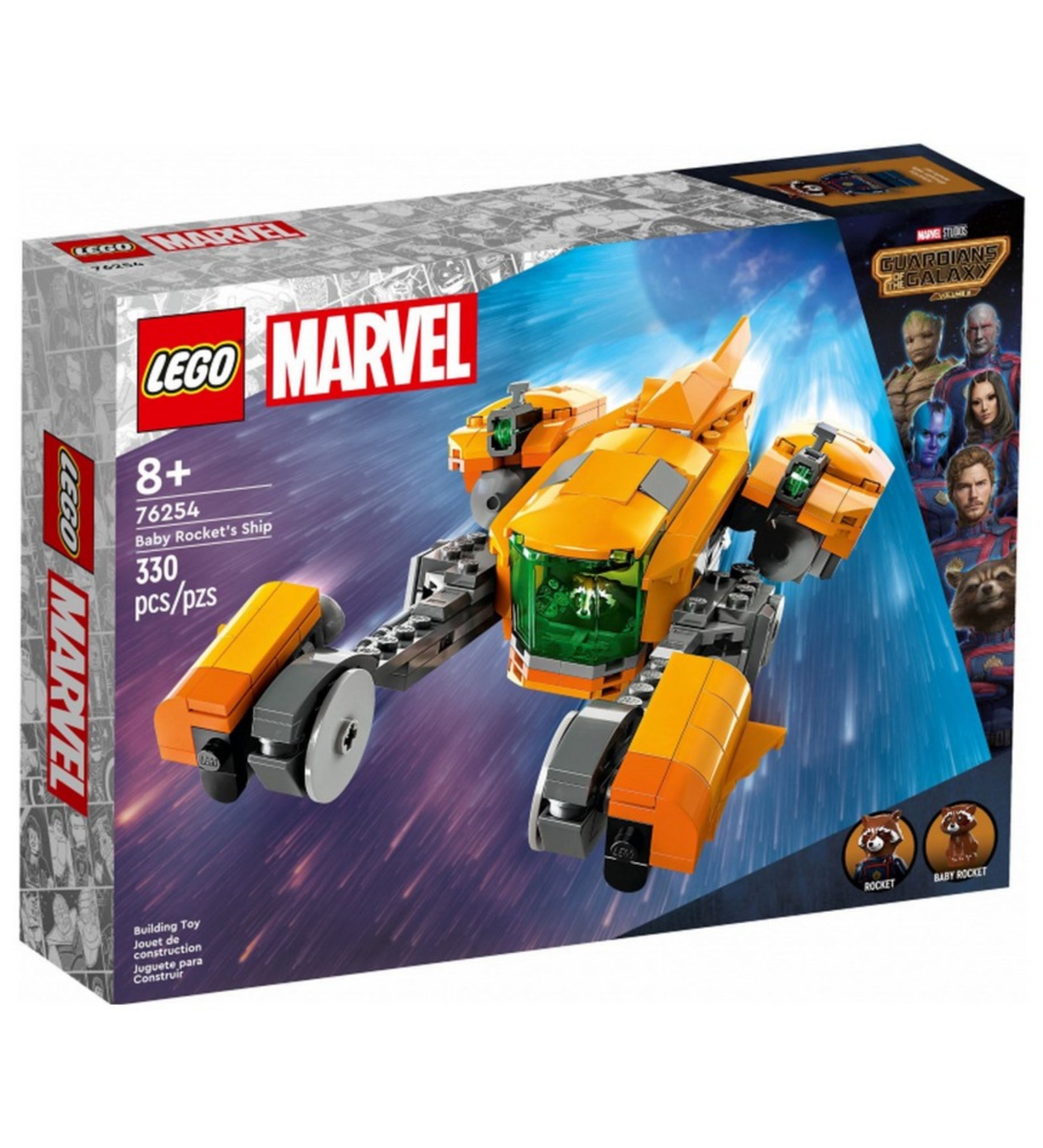 A LEGO Marvel Bébi Mordály hajója (76254) doboza elölről: látható a kész hajó, Mordály minifigura és a darabszám (330).