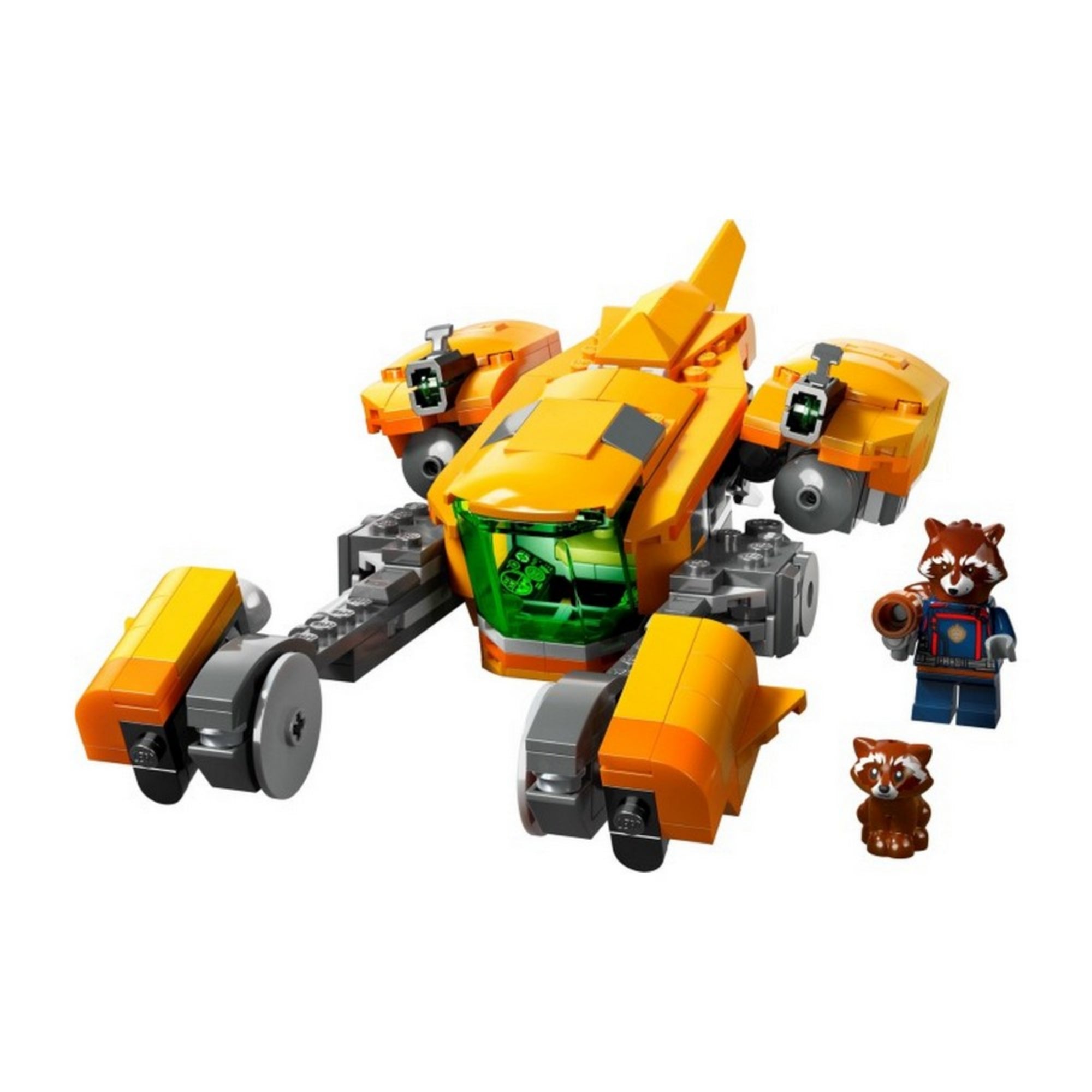 A LEGO Marvel Bébi Mordály hajója teljes készlet felépítve: az űrhajó nyitott pilótafülkével, a mellékelt Mordály minifigurával.