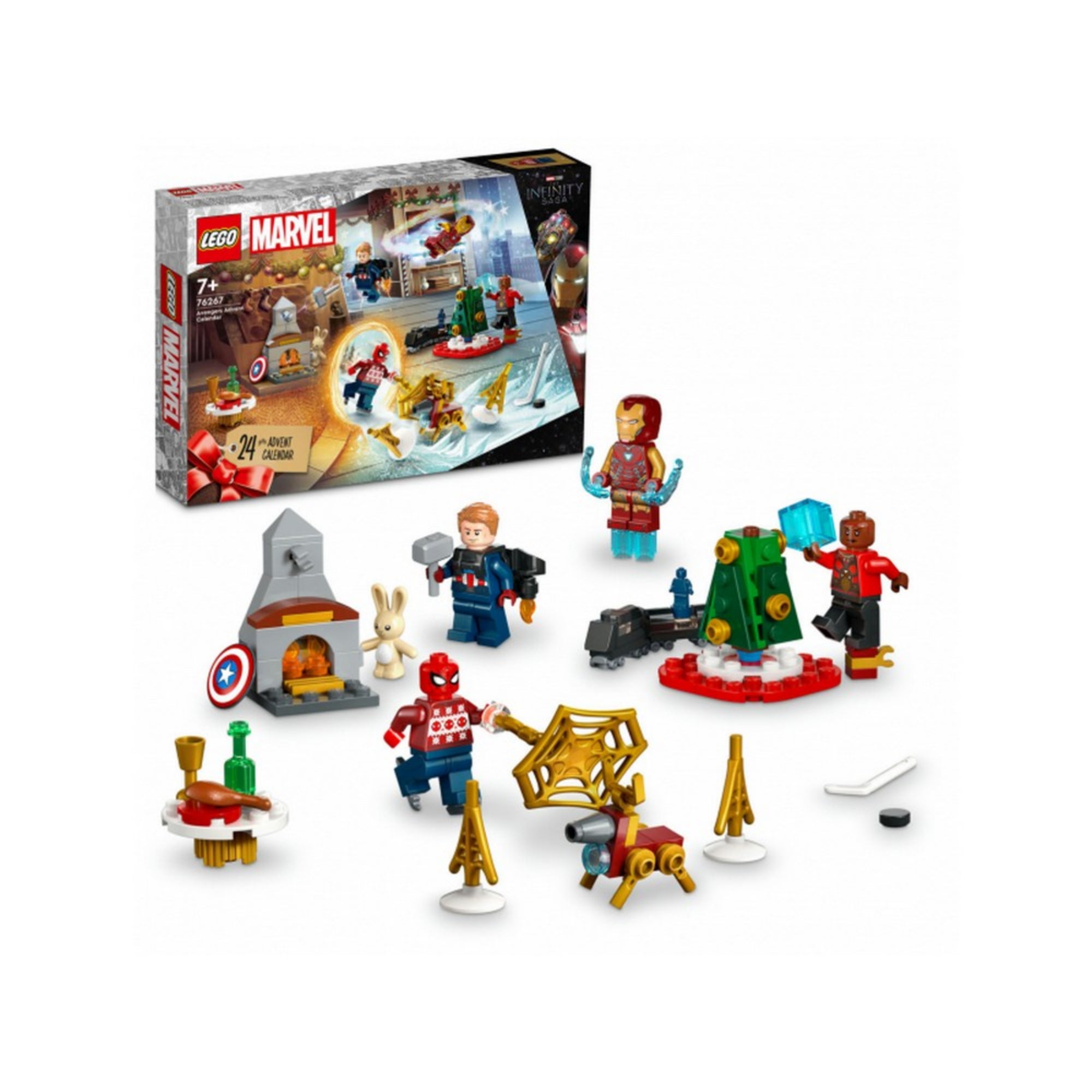 A LEGO Marvel Bosszúállók adventi naptár (76267) doboza és az összes kibontott tartozék, köztük Vasember, Amerika Kapitány, Pókember, egy kandalló, karácsonyfa és ünnepi építmények.