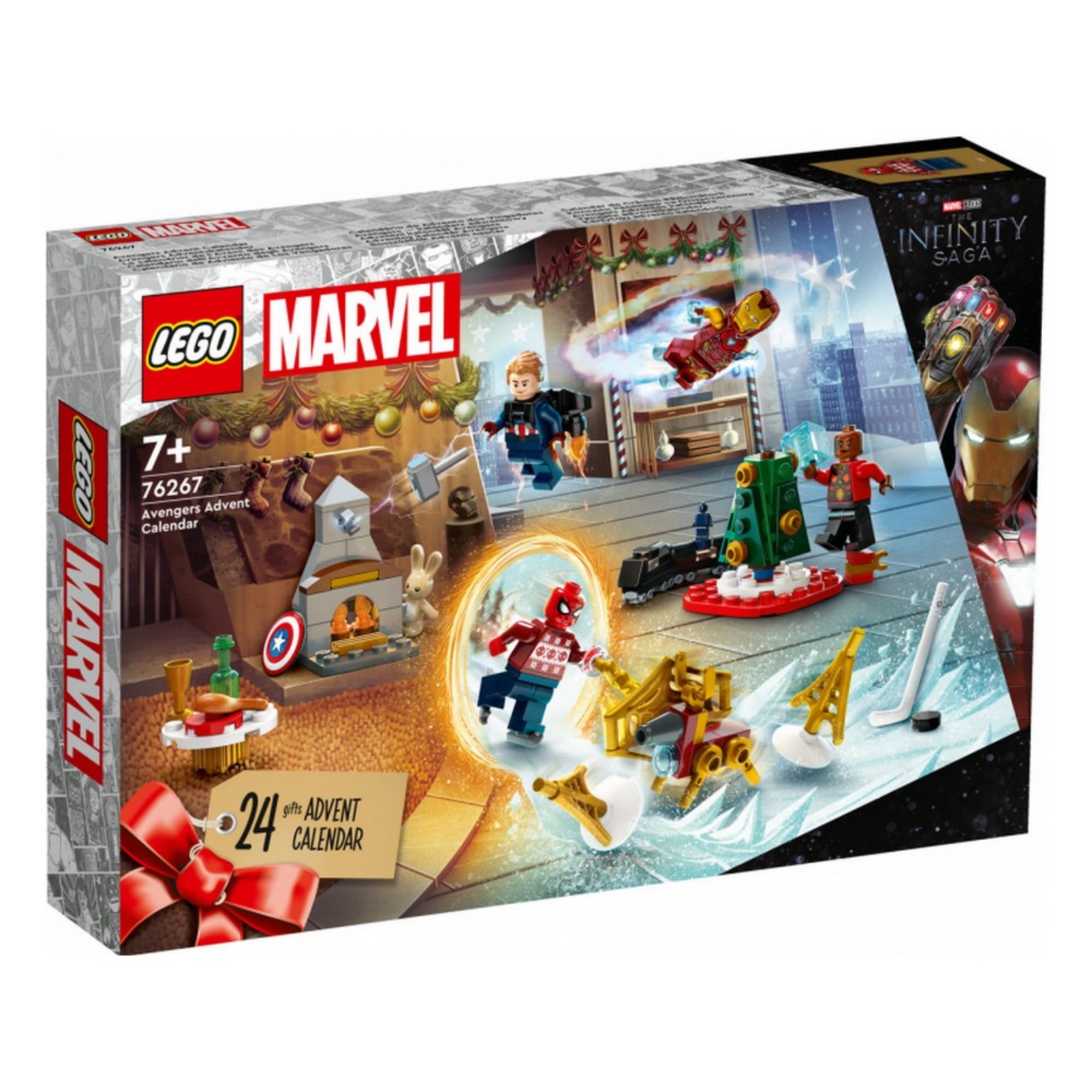 A LEGO Marvel Bosszúállók adventi naptár (76267) színes doboza elölnézetből, ünnepi hangulatú grafikával, szuperhősökkel és a 24 meglepetést jelző felirattal.