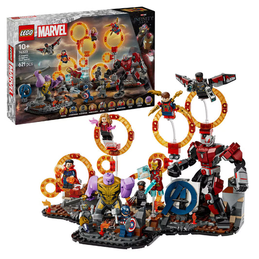 LEGO Marvel 76323 Avengers: Endgame – Végső csata szett felépítve, háttérben a dobozzal, Thanos, Vasember, Pókember, Skarlát Boszorkány és más hősök minifiguráival, narancssárga portálokkal és egy óriás robotpáncéllal.