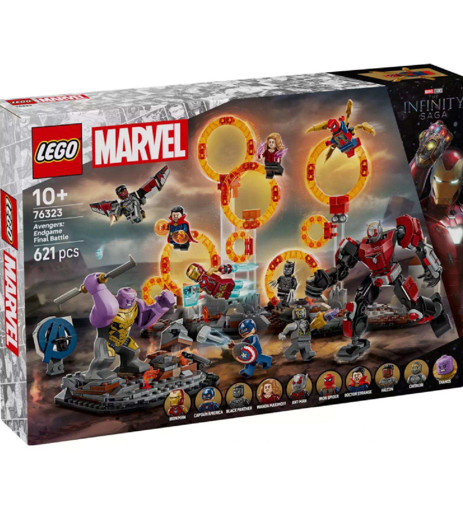 LEGO Marvel 76323 Avengers: Endgame – Végső csata doboz 621 építőelemmel, 10+ korosztály számára, szuperhősökkel és látványos portálokkal illusztrált csomagolás.