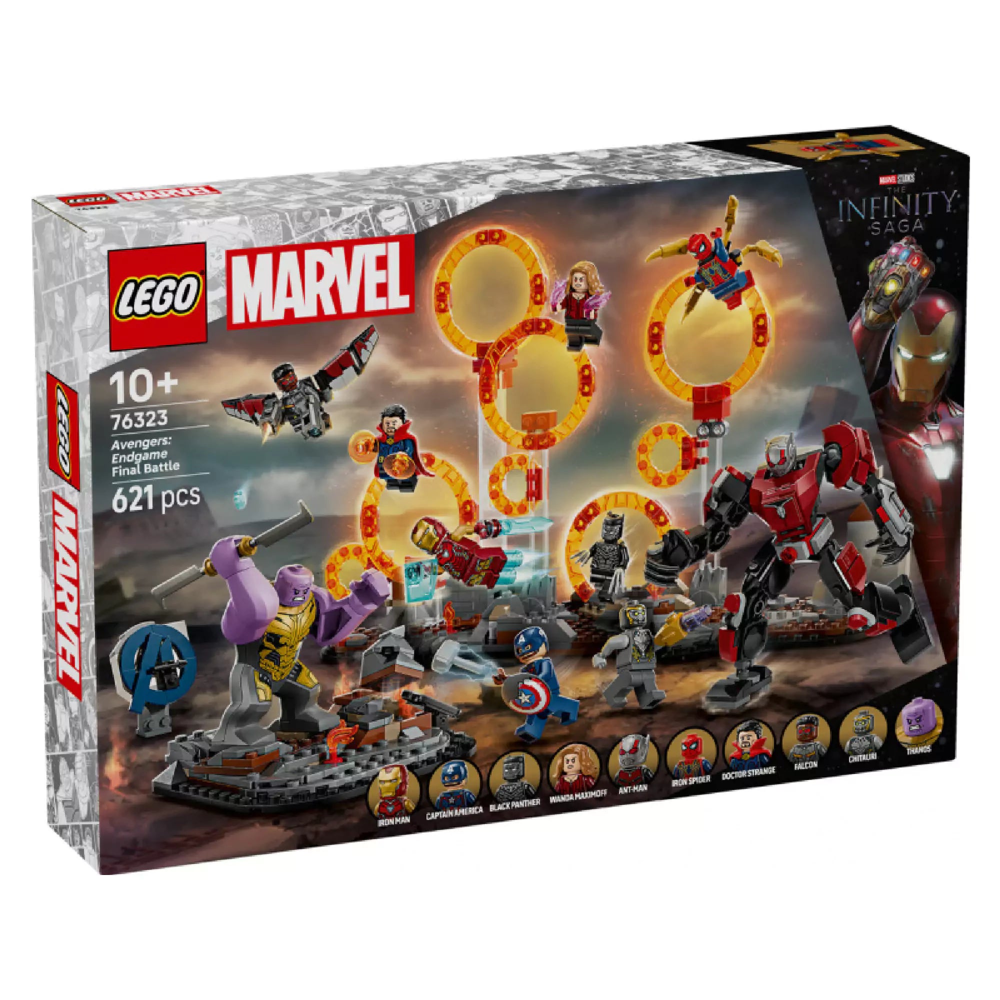 LEGO Marvel 76323 Avengers: Endgame – Végső csata doboz 621 építőelemmel, 10+ korosztály számára, szuperhősökkel és látványos portálokkal illusztrált csomagolás.