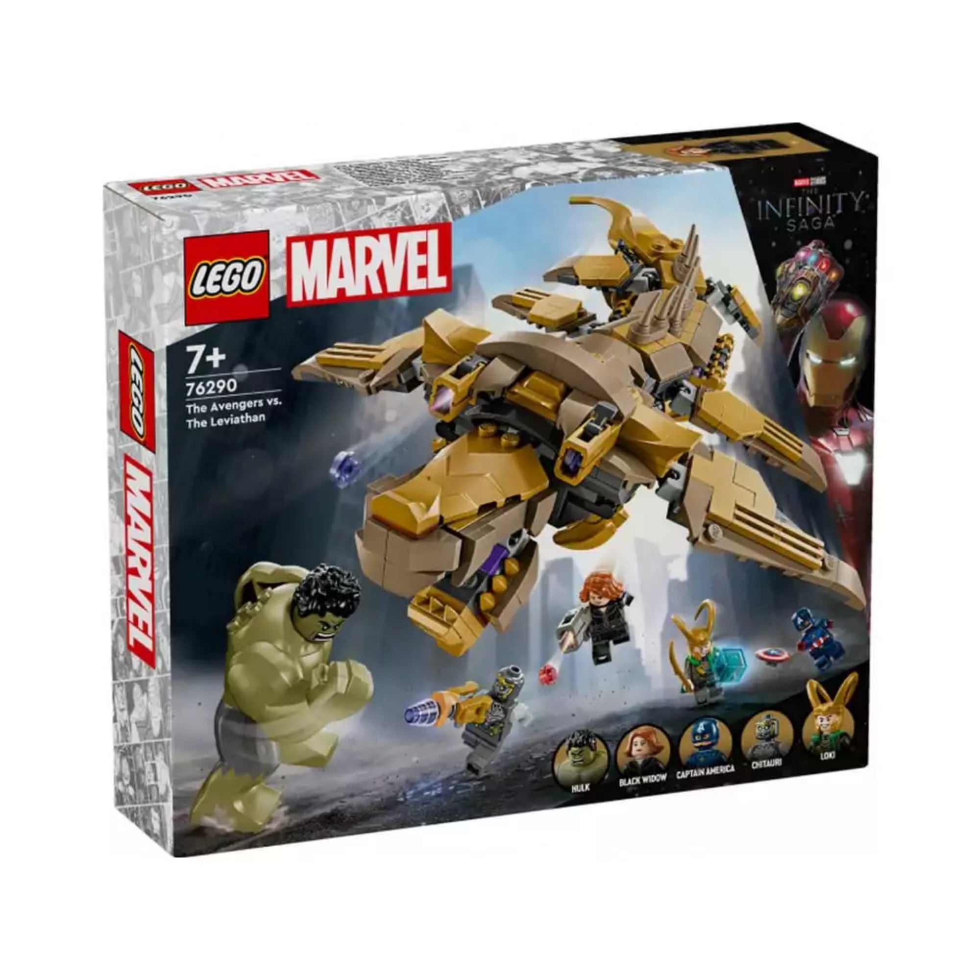 A LEGO Marvel 76290 szett doboza szemből, rajta a Leviatán űrszörny és a Bosszúállók szereplői: Hulk, Fekete Özvegy, Amerika Kapitány, Loki és a chitauri harcos.