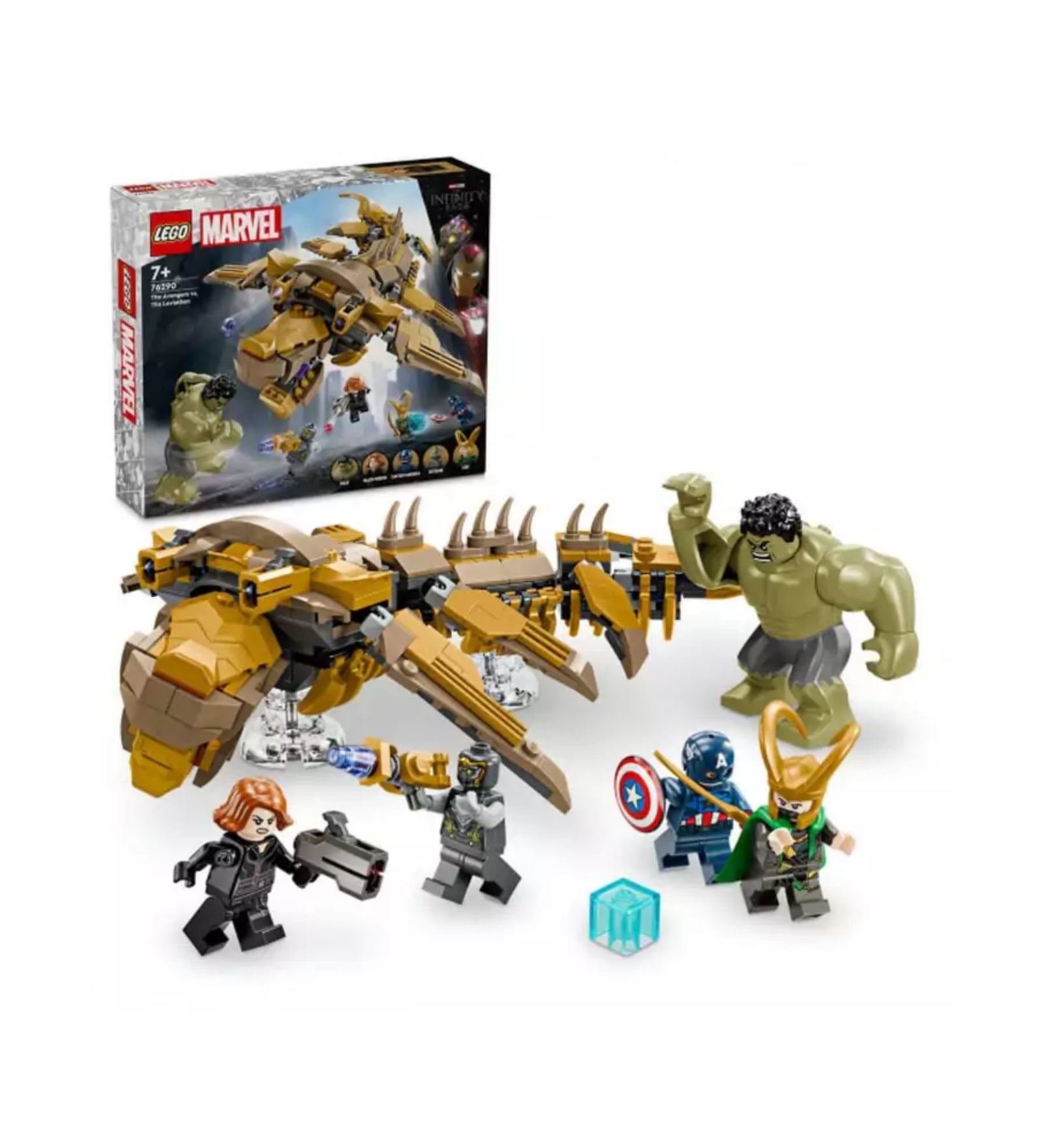 A LEGO Marvel Bosszúállók vs. Leviatán (76290) szett doboza és a teljesen összeállított készlet a szereplőkkel, köztük Hulk, Loki és Amerika Kapitány minifiguráival.