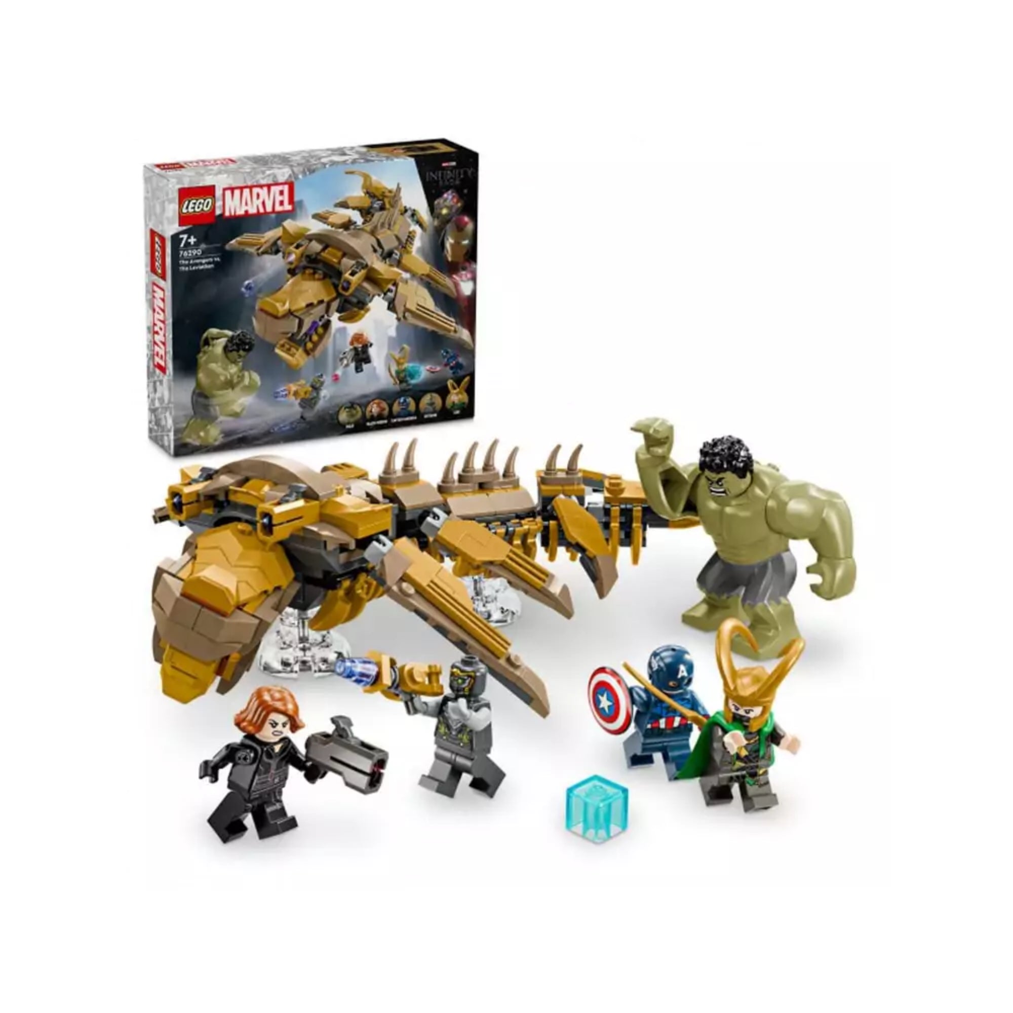 A LEGO Marvel Bosszúállók vs. Leviatán (76290) szett doboza és a teljesen összeállított készlet a szereplőkkel, köztük Hulk, Loki és Amerika Kapitány minifiguráival.
