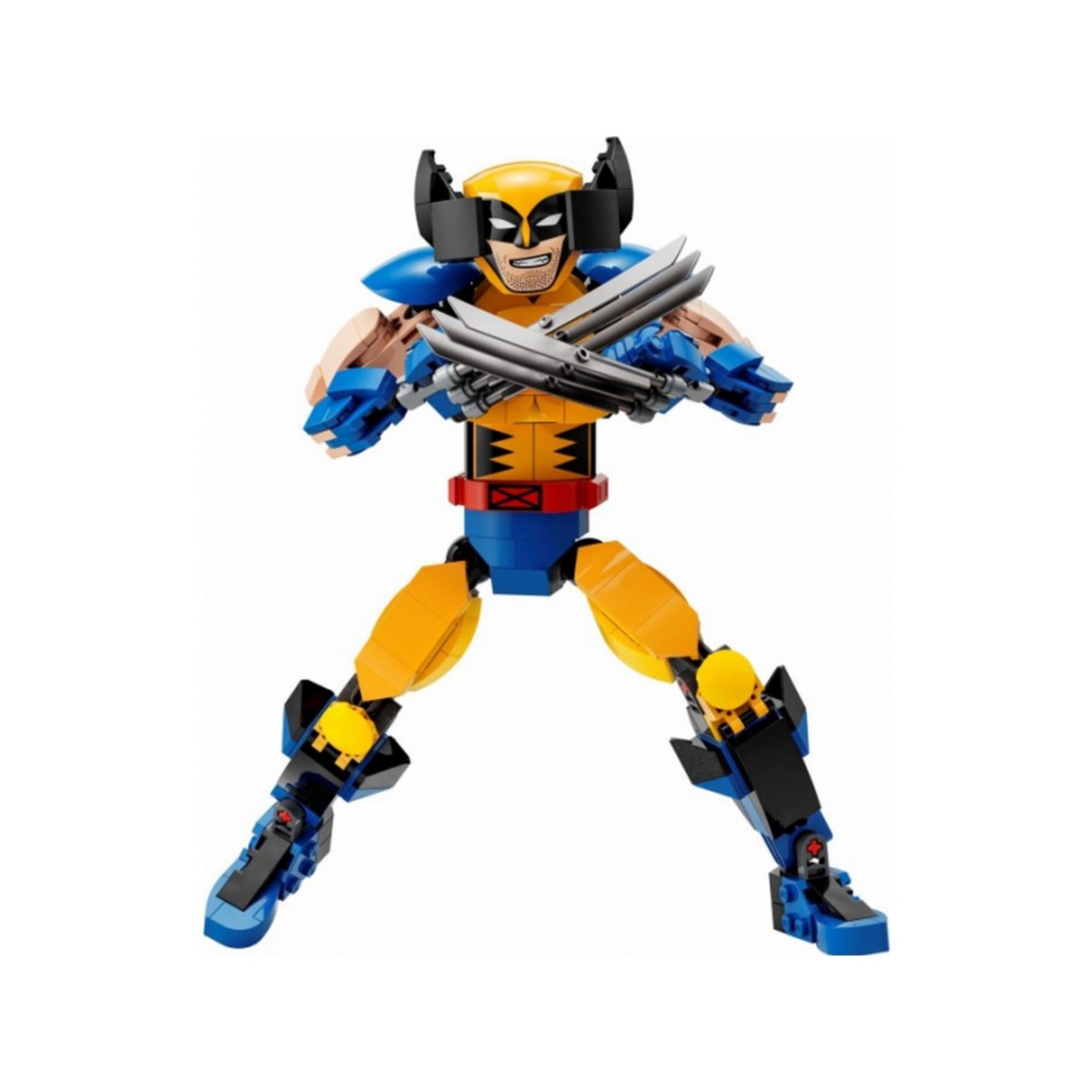 A LEGO Marvel Farkas építőfigura (76257) teljes, összerakott figurája klasszikus kék-sárga kosztümben, karmokkal felszerelve.