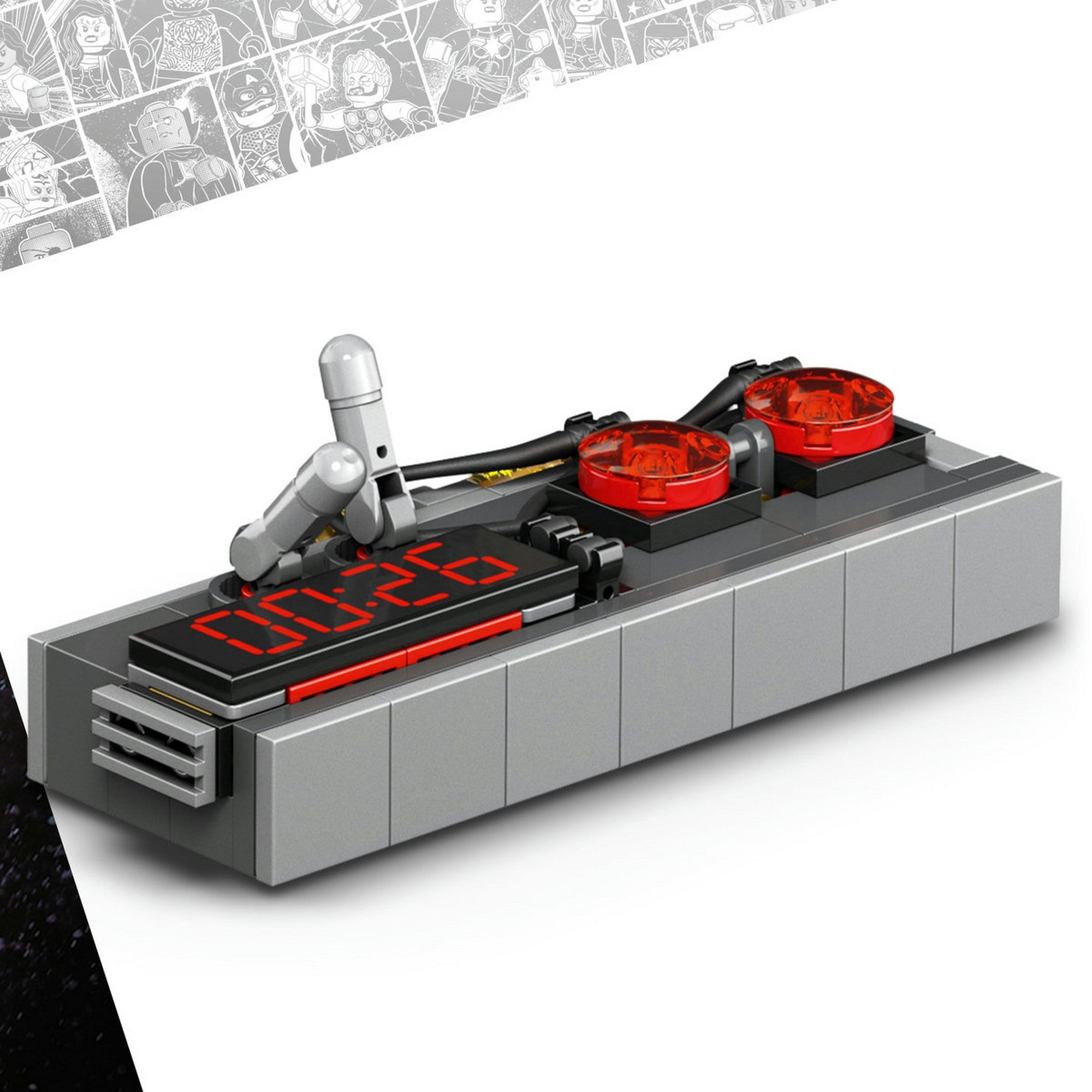 LEGO Marvel Ravager Jumpsuit Groot 76341 készlet robbanódetonátor kiegészítője közelről, piros jelzőfényekkel, kábelekkel és digitális időzítő kijelzővel