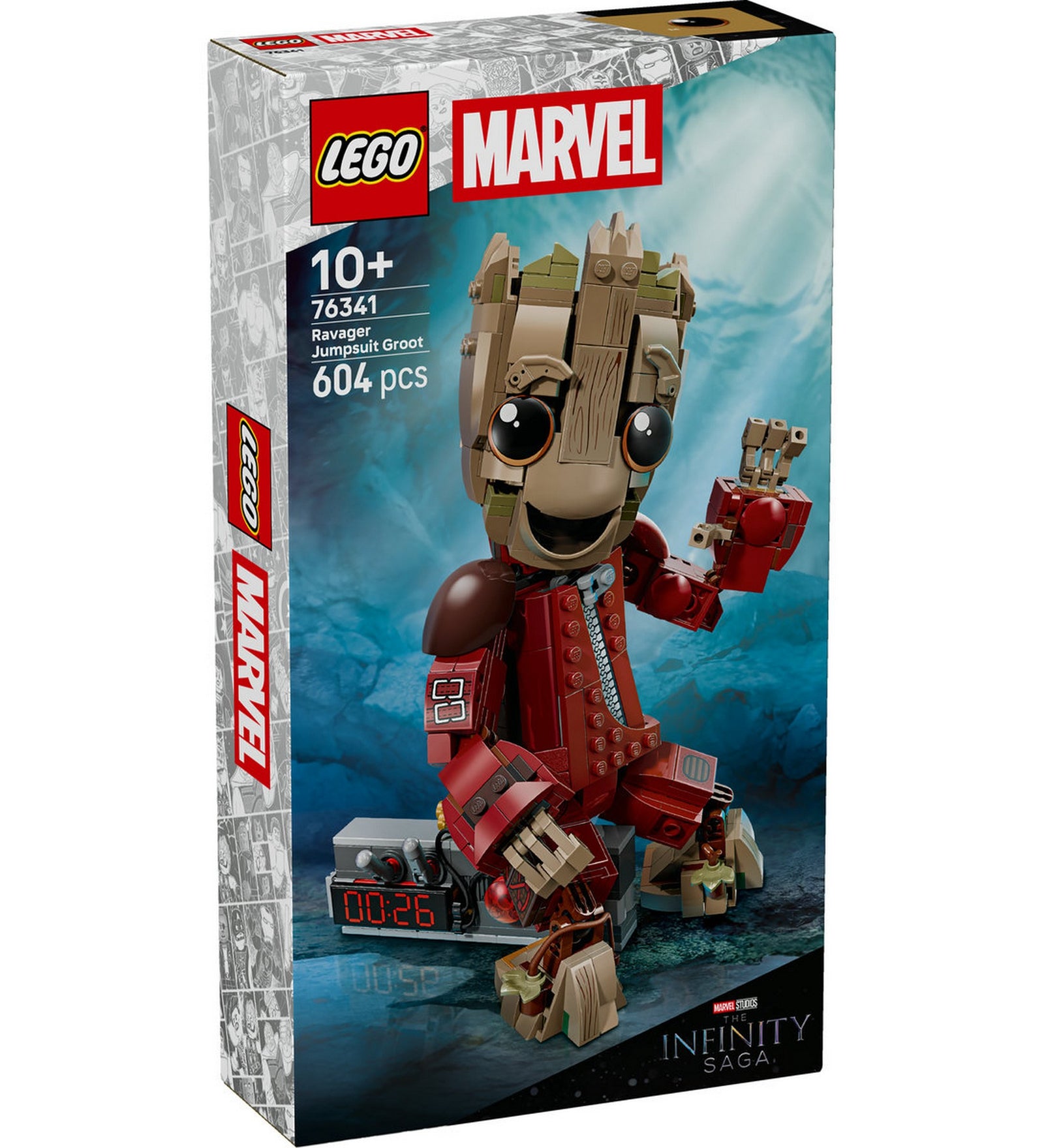 LEGO Marvel Ravager Jumpsuit Groot 76341 készlet előlapja, mosolygó Groot karakterrel piros Ravager ruhában, 604 darabos építőszettel, Infinity Saga felirattal