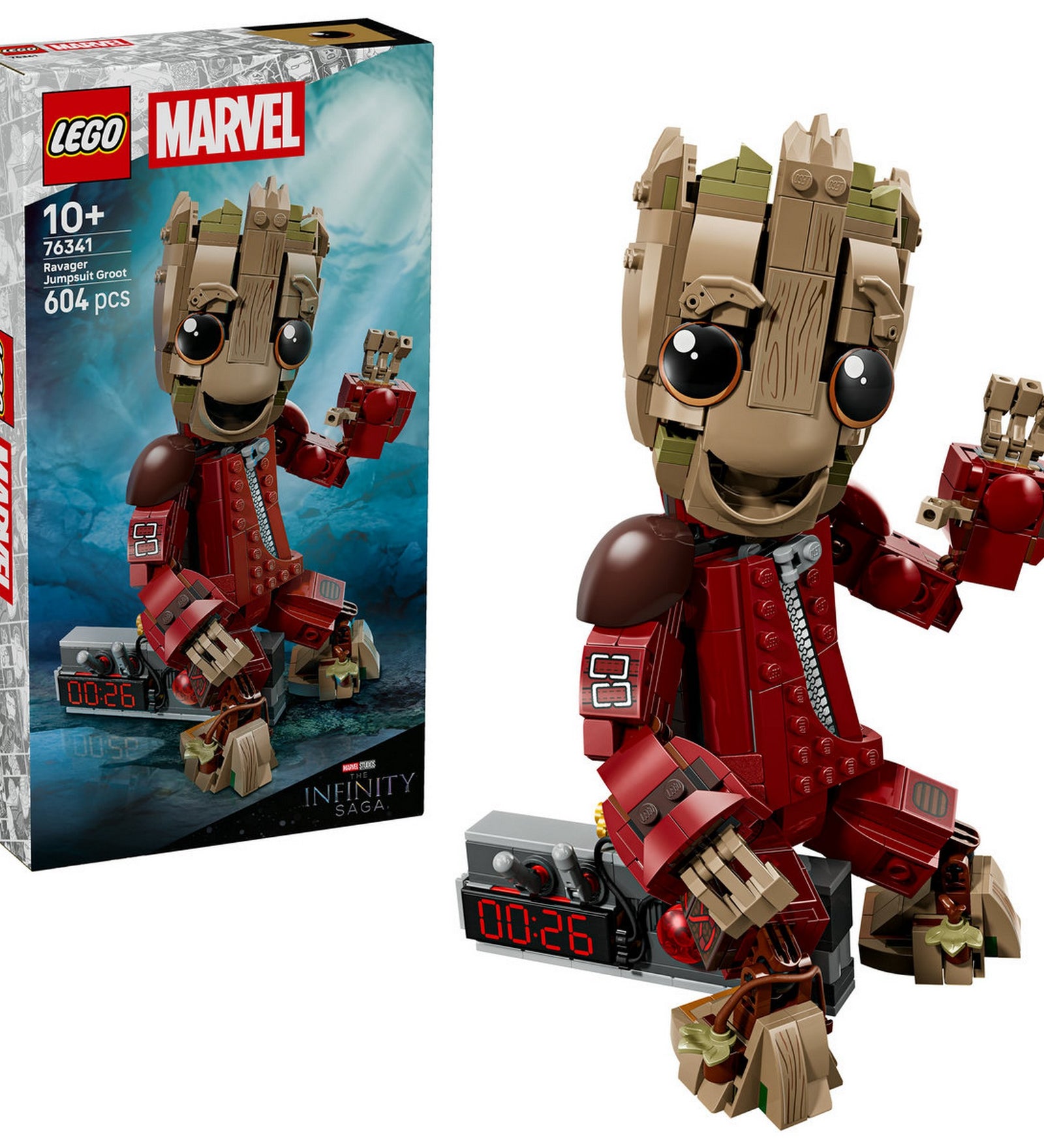 LEGO Marvel Ravager Jumpsuit Groot 76341 készlet doboza és a megépített, piros Ravager űrruhát viselő Groot figura, robbanódetonátor kiegészítővel, Infinity Saga dizájnnal