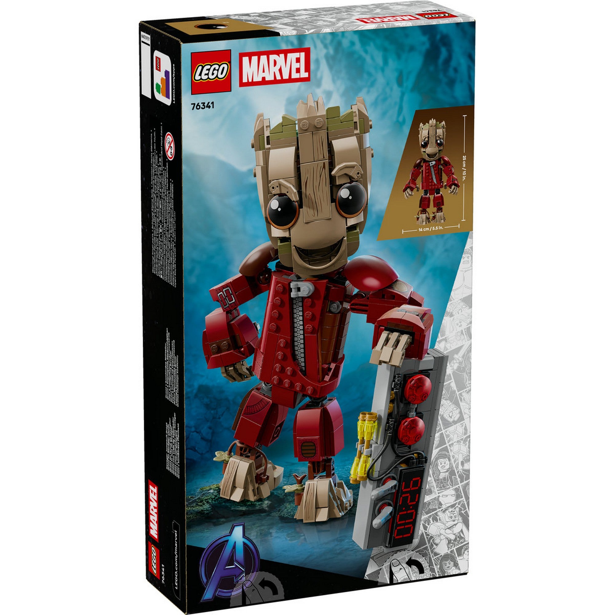 LEGO Marvel Ravager Jumpsuit Groot 76341 készlet hátlapja, a Groot figura teljes alakos megjelenítésével, méretaránnyal és a robbanó detonátor építhető részleteivel