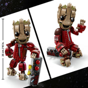 LEGO Marvel Ravager Jumpsuit Groot 76341 megépített figura különböző pózokban, kb. 25 cm magas Groot modell, piros Ravager öltözékben és időzítős robbanószerkezettel