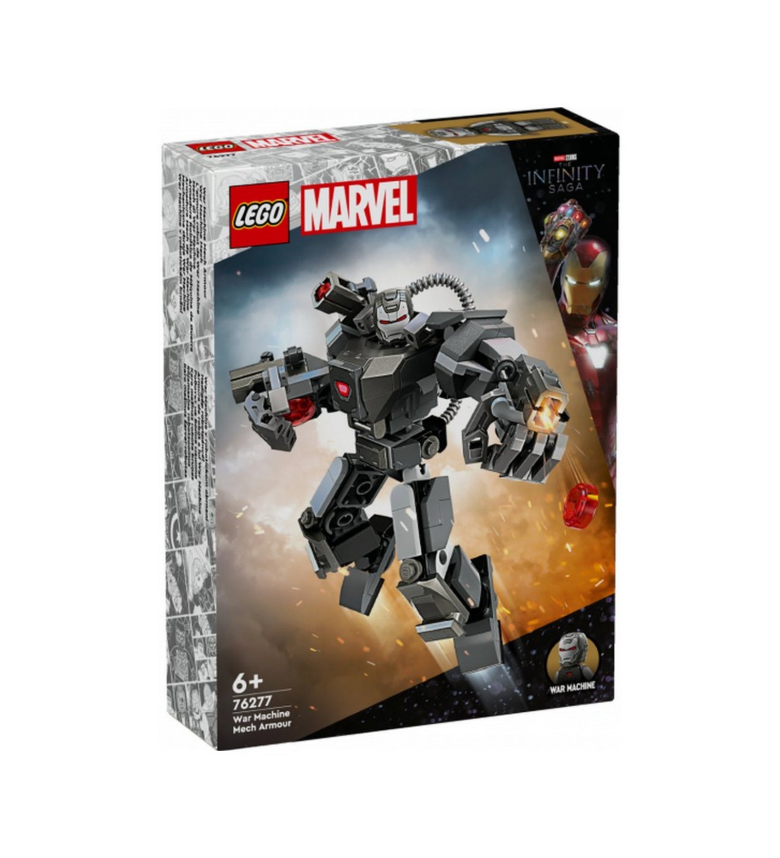LEGO Marvel Hadigép robotpáncél (76277) dobozának eleje, amelyen a robotpáncél látható akció közben, világos háttérrel és a War Machine minifigurával.