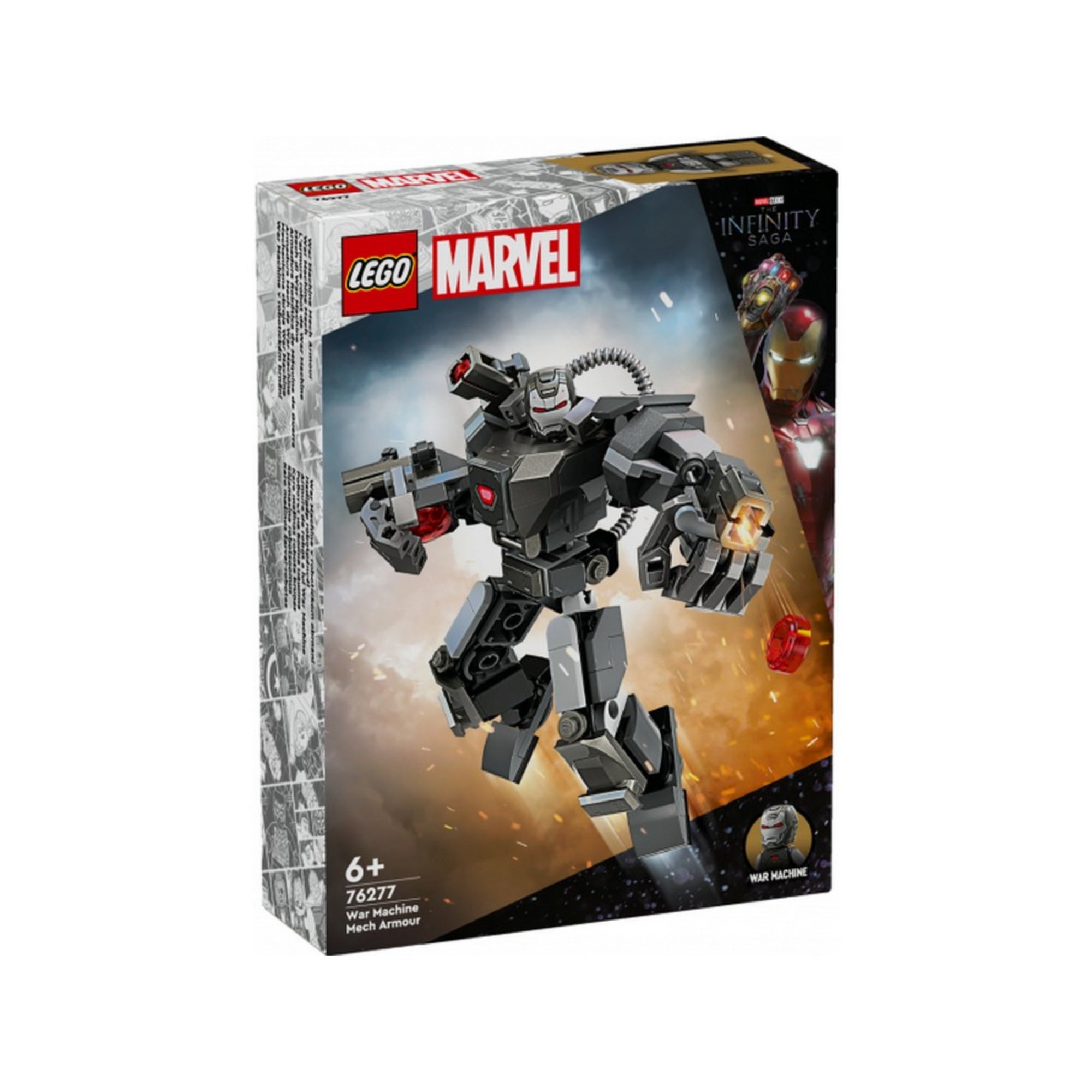 LEGO Marvel Hadigép robotpáncél (76277) dobozának eleje, amelyen a robotpáncél látható akció közben, világos háttérrel és a War Machine minifigurával.