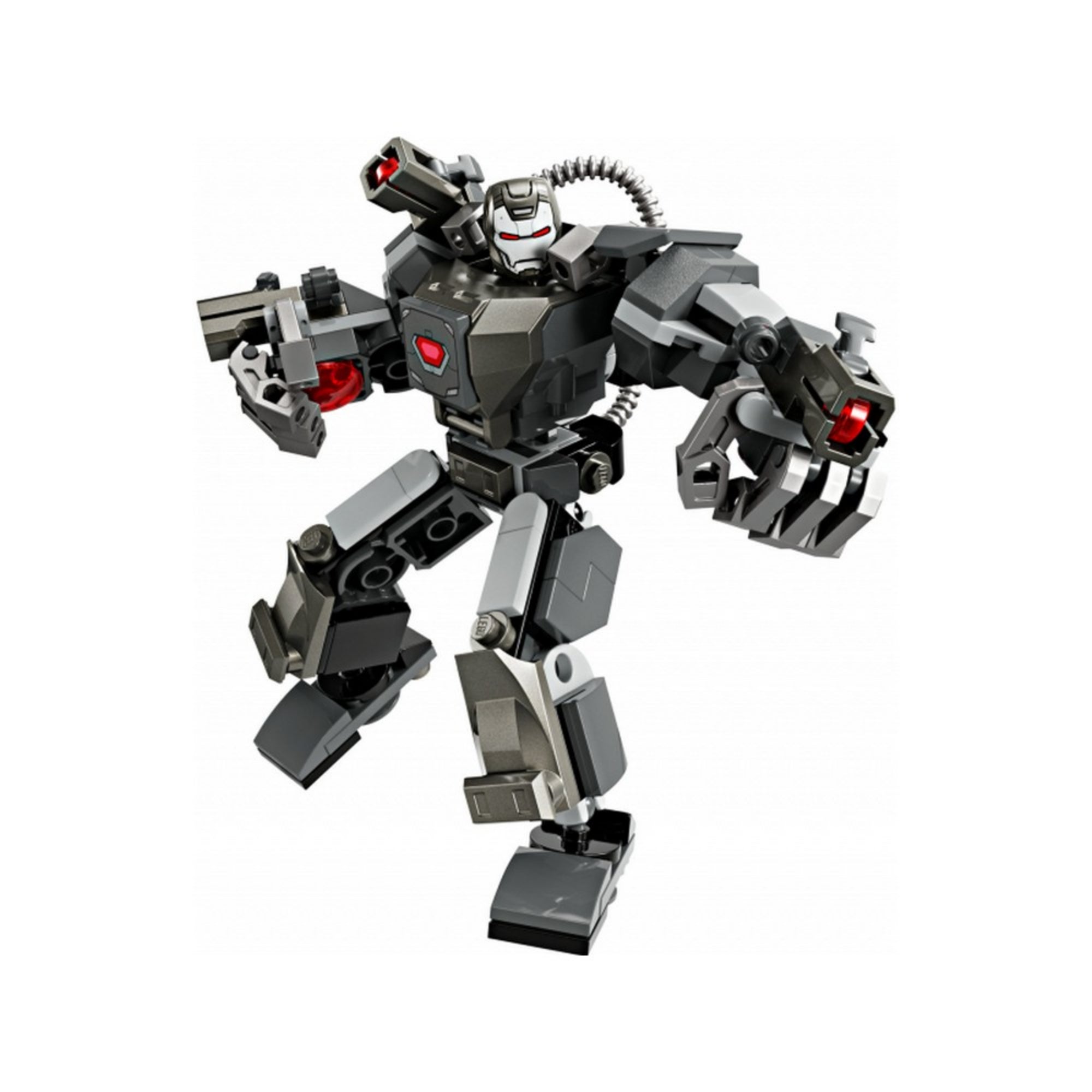 A LEGO Marvel Hadigép robotpáncél (76277) teljes készlete felépítve, rajta a mozgatható végtagokkal ellátott szürke-fekete robotpáncéllal, piros részletekkel és War Machine minifigurával.