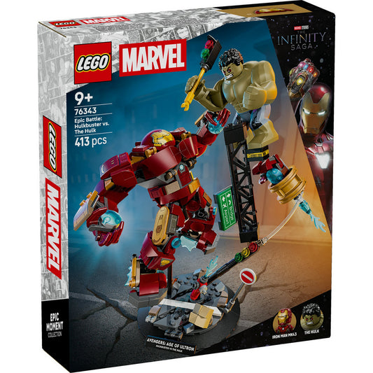 LEGO Marvel Epic Battle: Hulkbuster vs. The Hulk 76343 – elölnézeti dobozkép, látványos Marvel csatajelenettel.