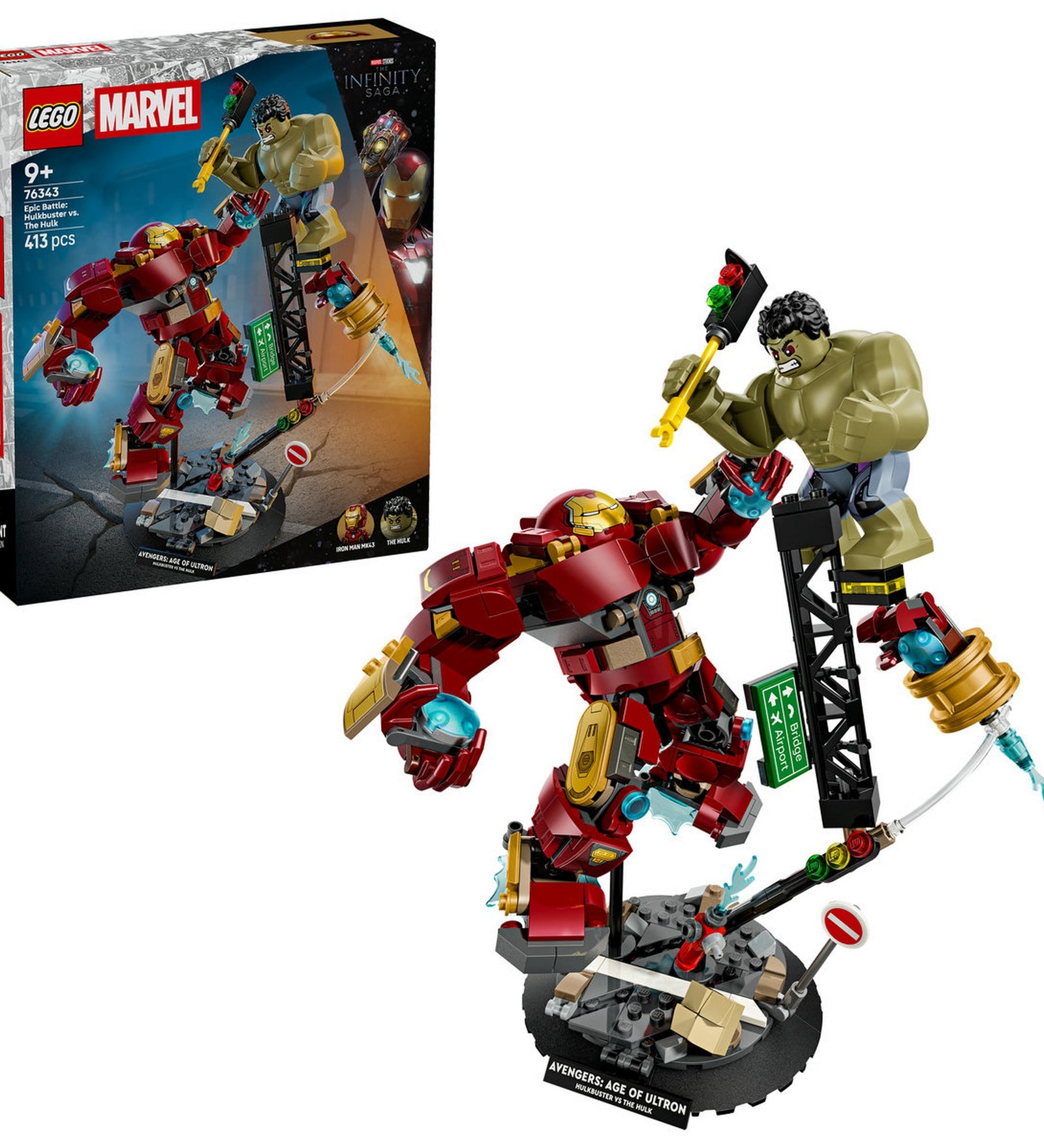 LEGO Marvel Epic Battle: Hulkbuster vs. The Hulk 76343 – a megépített Hulkbuster páncél és Hulk összecsapása talapzaton.