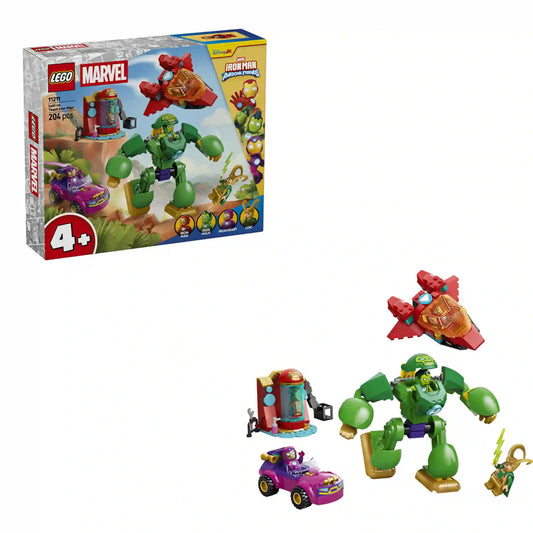 LEGO Marvel Loki vs. Vasember csapat (11211) készlet a dobozzal együtt, Iron Man repülőjével, Iron Hulk zöld páncéljával, Ironheart autójával, Loki figurával és a regenerációs állomással.
